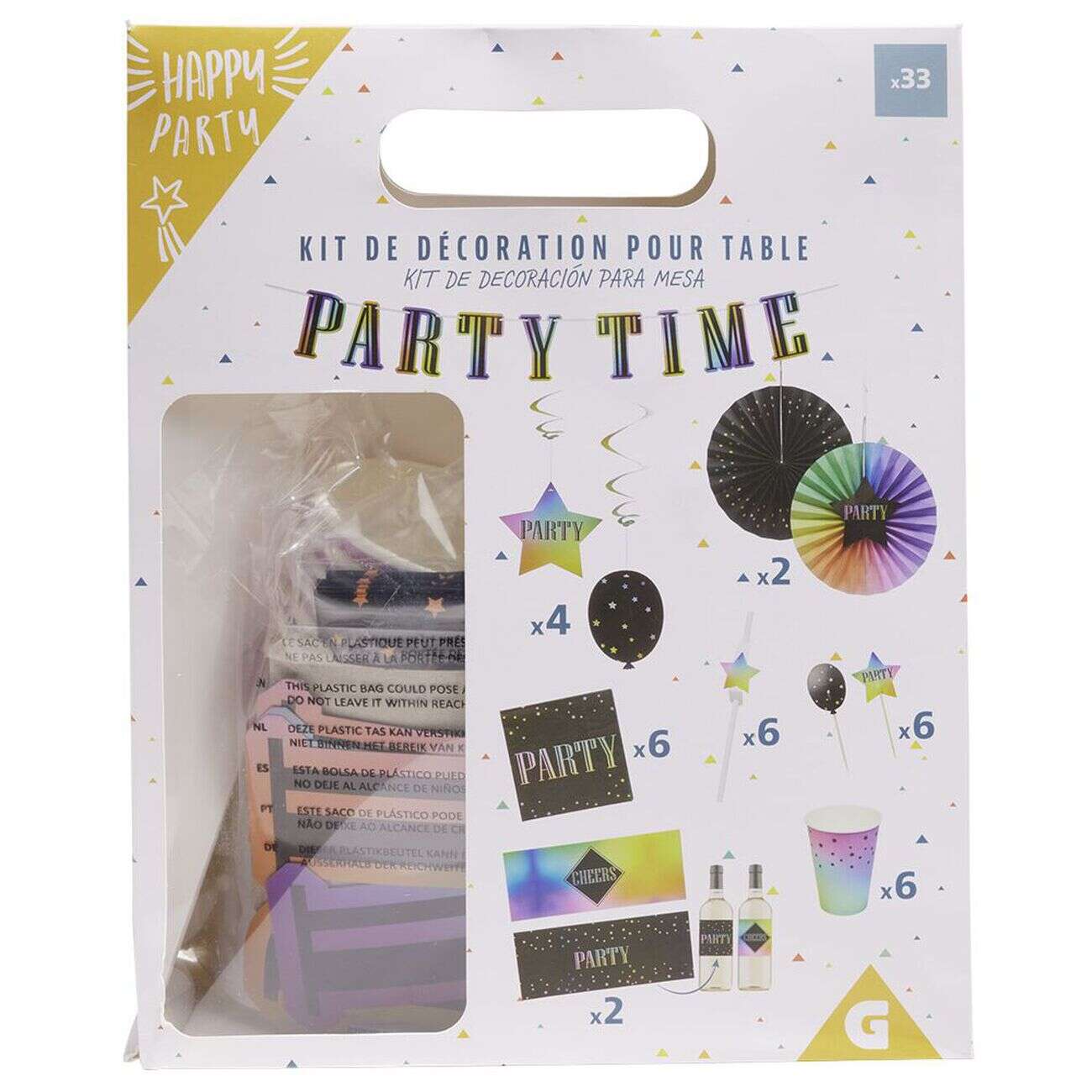 Kit décoration et vaisselle jetable Party multicolore 6 personnes