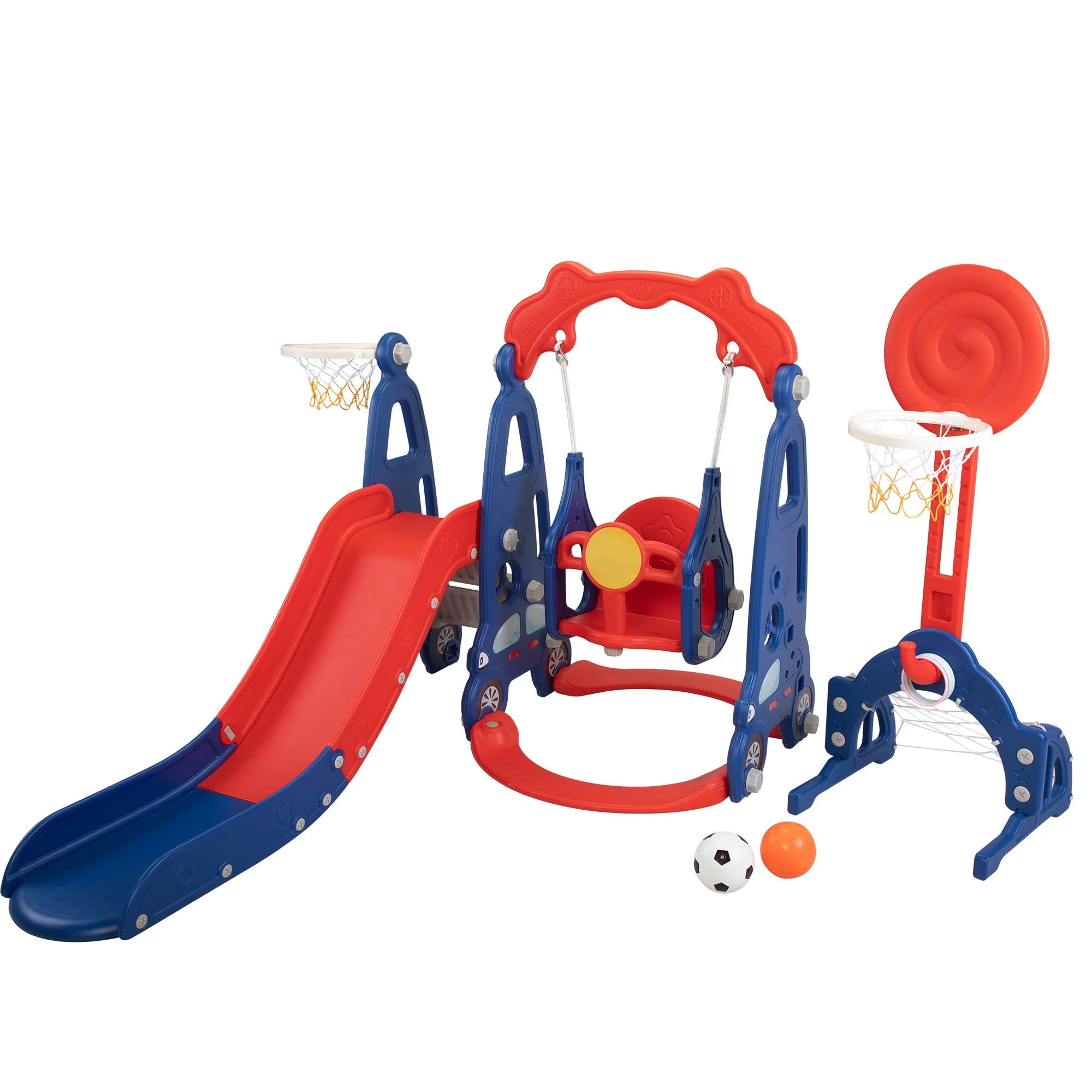Kids-gift! 5 in 1 Slide and Swing Playing Set, Toddler Extra-Long Slide with 2 Basketball Hoops, Football, Ringtoss, Indoor Outdoor - Image 4