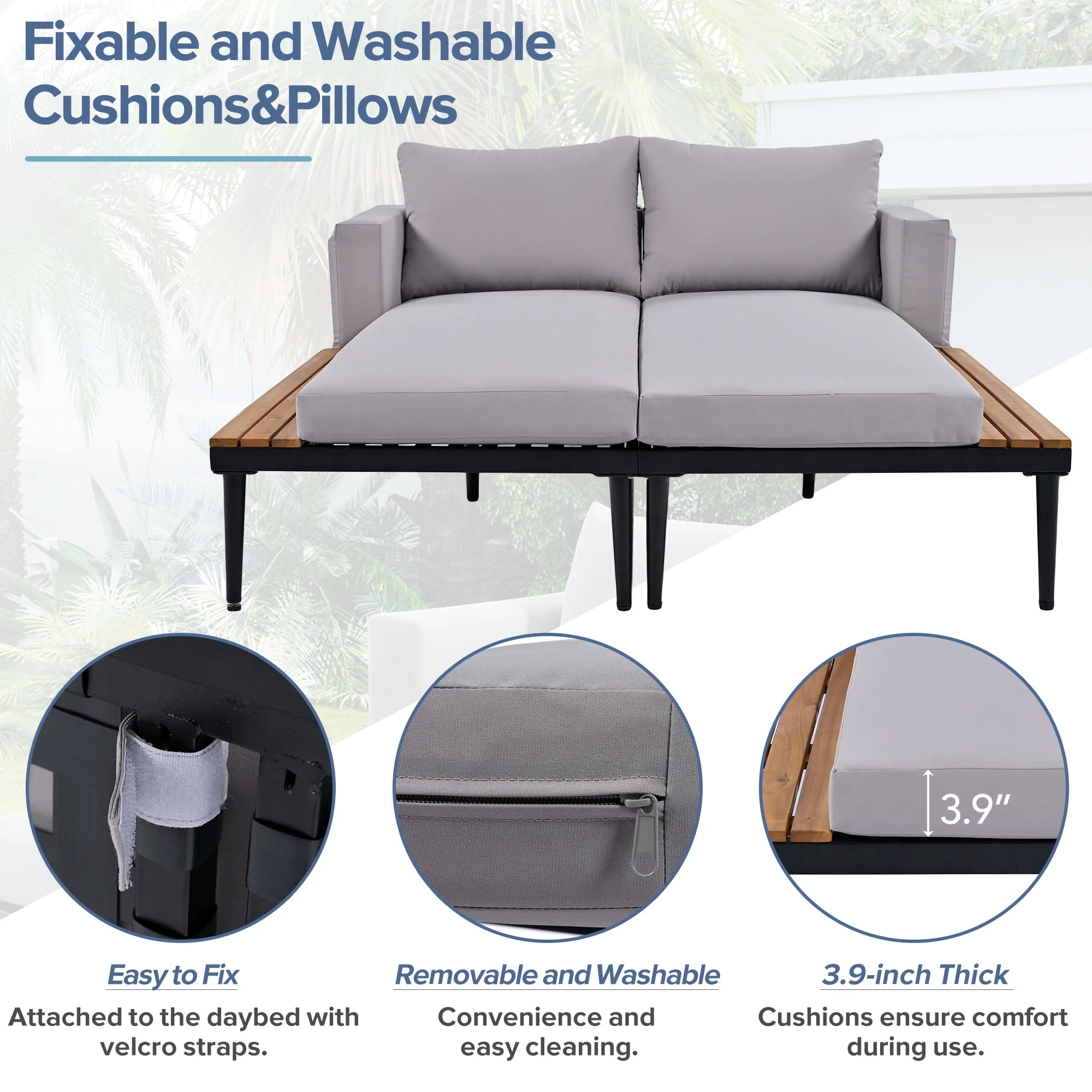 Patio Outdoor Metal Daybed for 2, All Weather Outdoor Chaise Lounges Reclining Chairs with Wood Topped Side Spaces for Drinks for Poolside Balcony Deck, Gray(Gray) - Image 7
