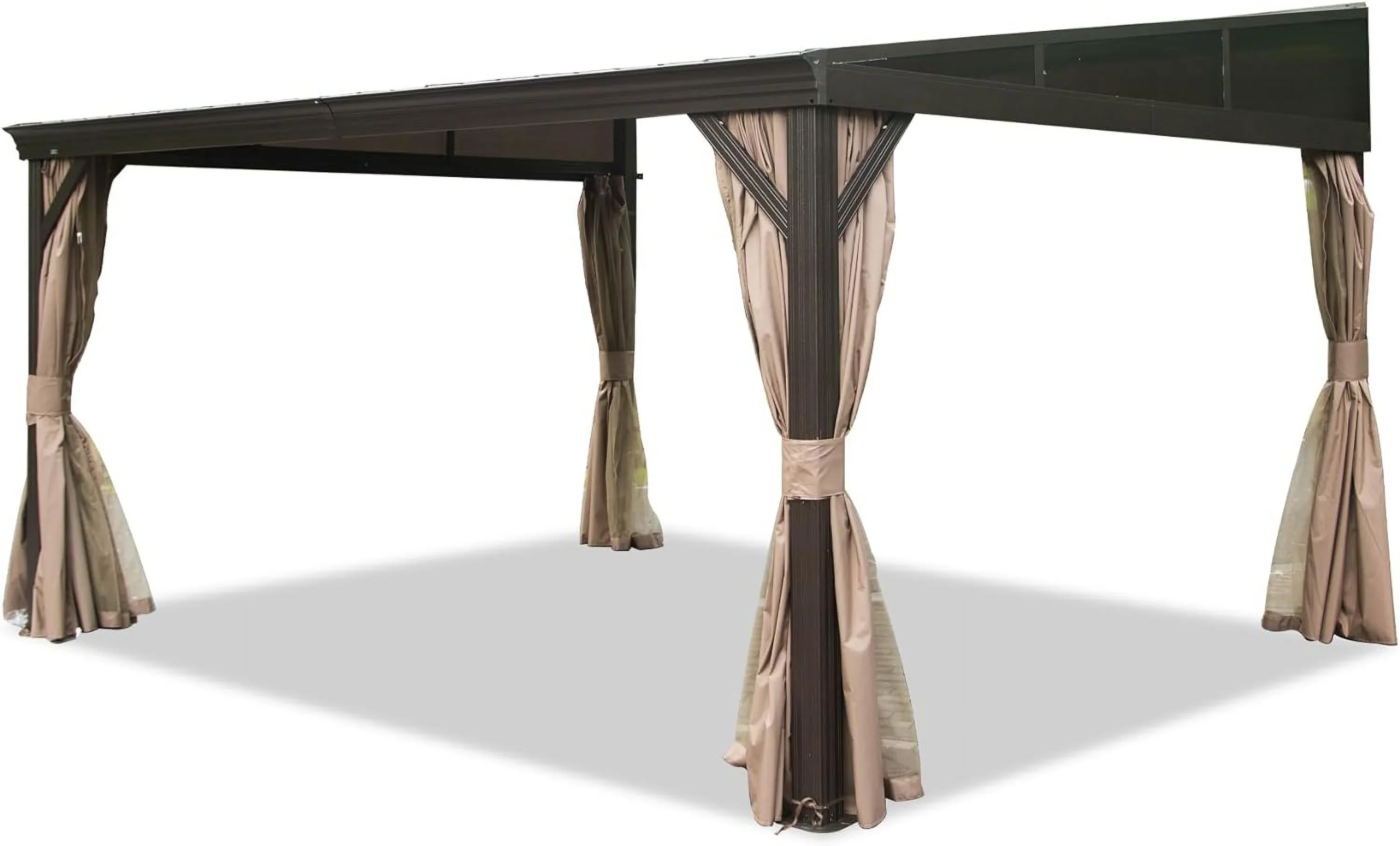 Domi Outdoor Living 10' x 12' Hardtop Lean-to Gazebo, Wall-Mounted with Galvanized Steel Roof Wall Pergola with Aluminum Frame, Curtains and Netting, for Patio, Deck, Garden, Backyard