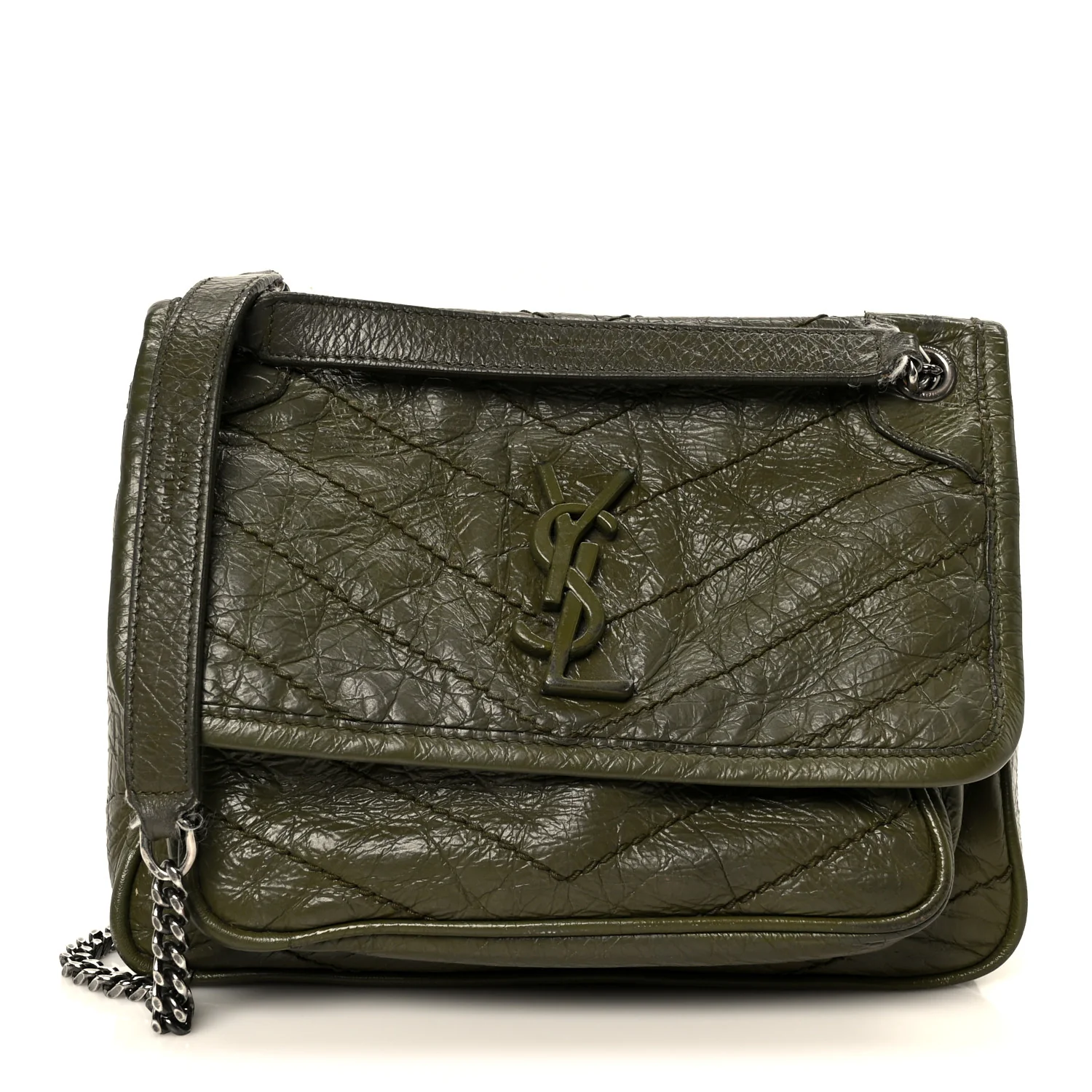Crinkled Lambskin Matelasse Monogram Baby Niki Chain Satchel Seawood