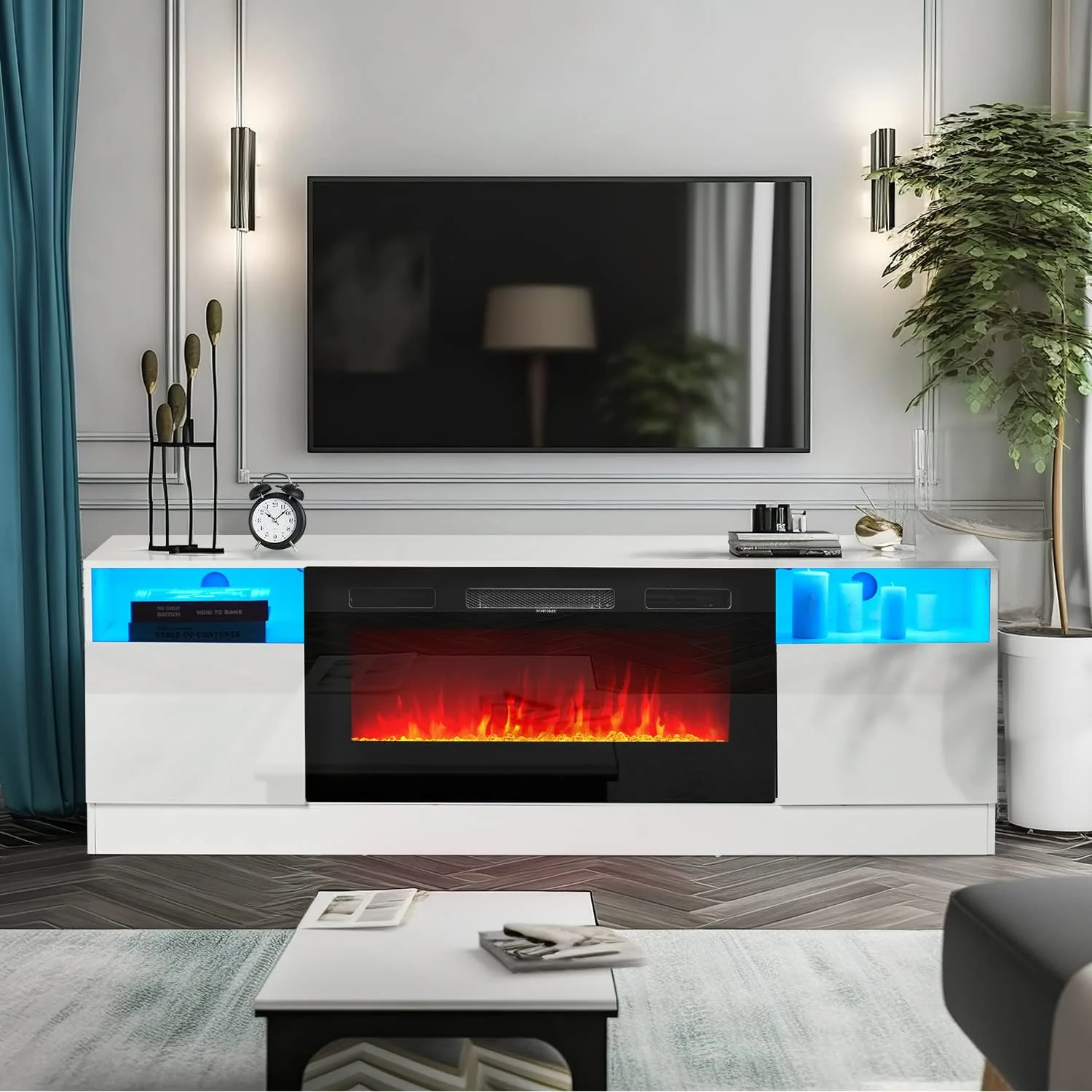 Meuble TV avec cheminée électrique Oneinmil de 91 cm (36 pouces), éclairage LED, style moderne en bois blanc.
