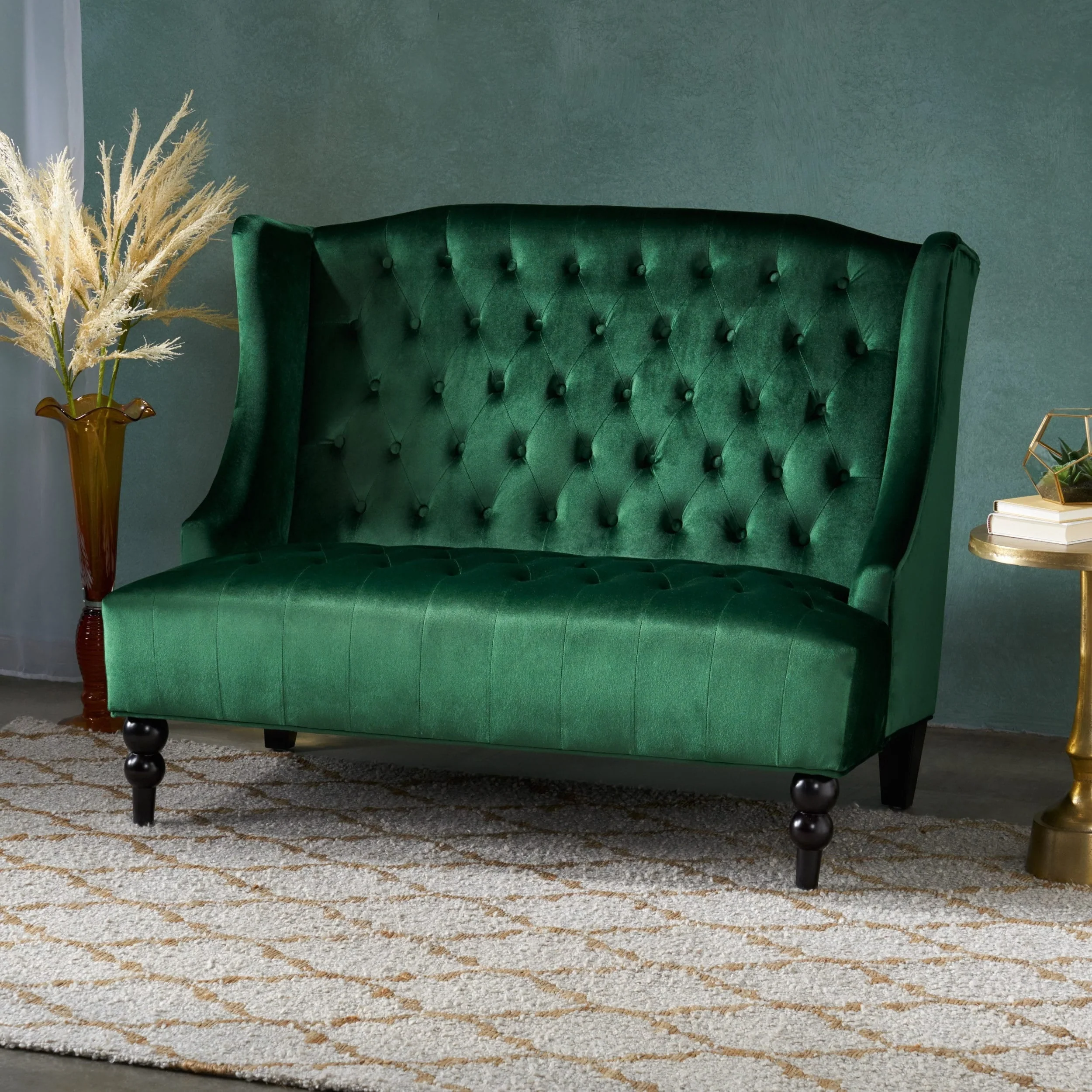 Christopher Knight Home Leora Modern Glam Tufted Velvet Wingback Loveseat by Armless Emerald Semi - Firm
