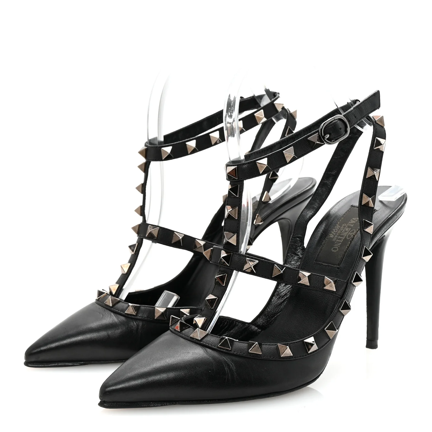 Calfskin Nappa Rockstud Ankle Strap 100mm Pumps 37 Black
