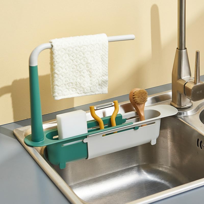 Green Polypropylene Telescopic 2-in-1 Sink Storage Rack, Adjustable Multipurpose Kitchen Sink Accessories
