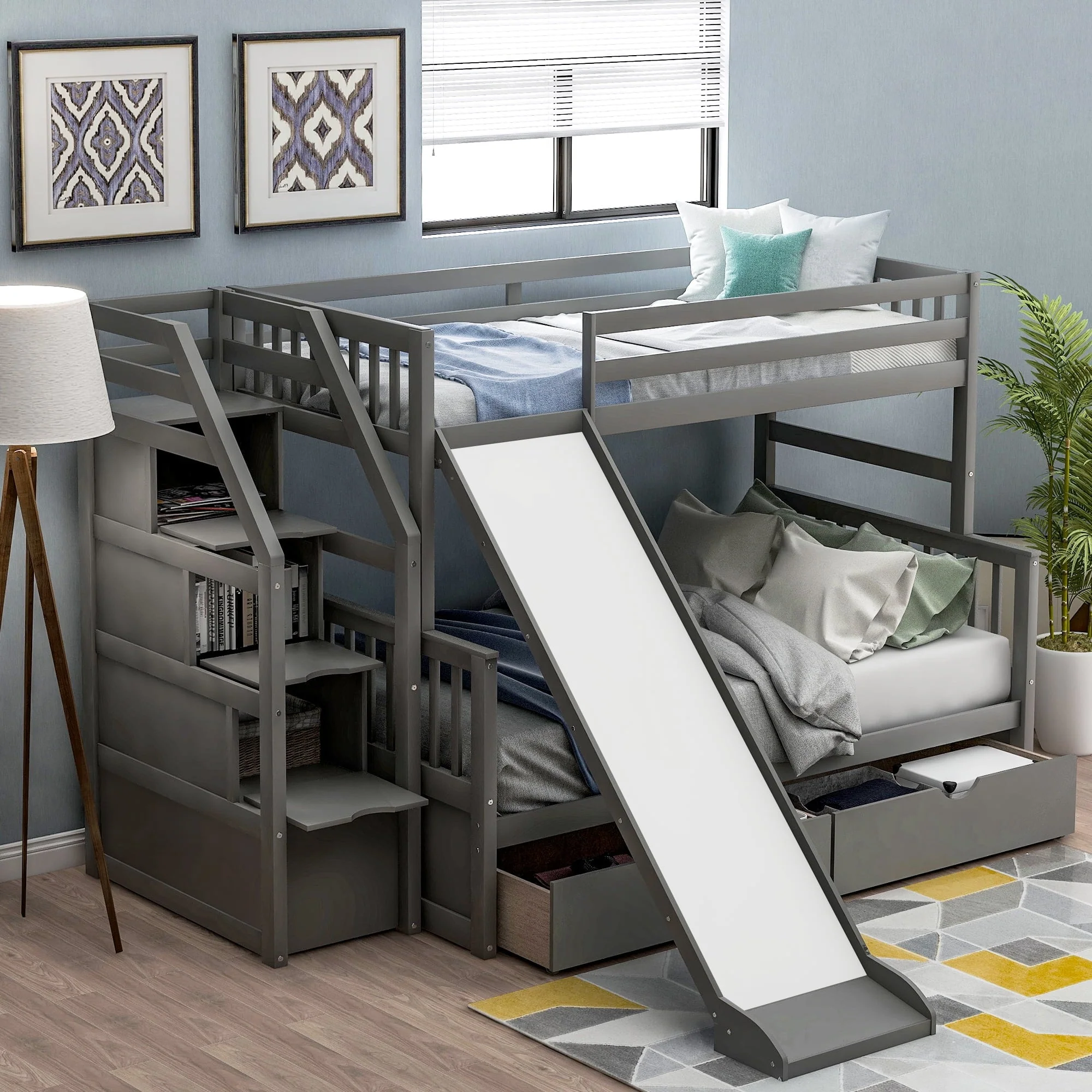 Wood Twin Over Full Bunk Bed with Drawers and Slide, Gray