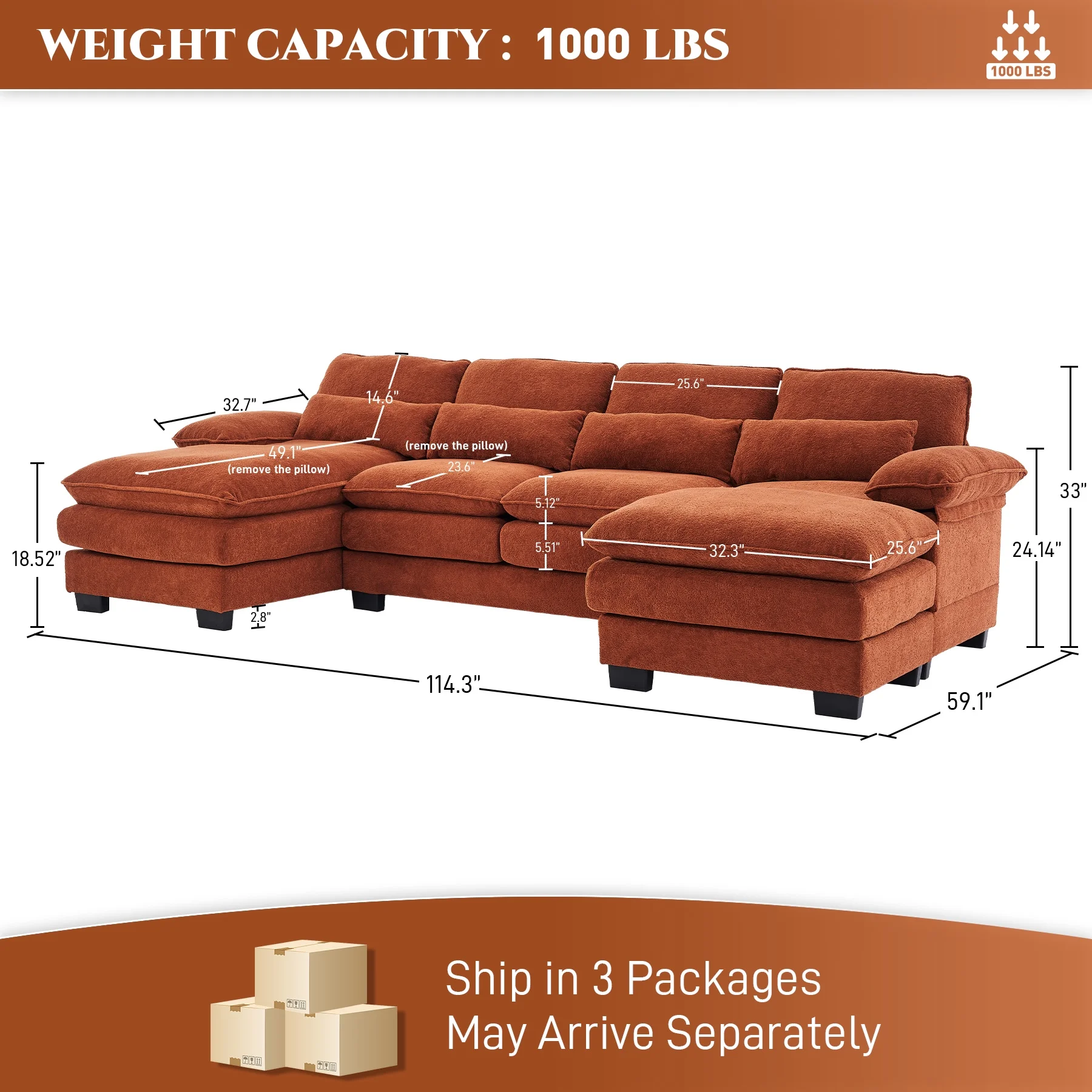 114 3" U Shaped Sectional Couches for Living Room,Cloud Couch,4 Seats Chenille Couch with Double Layer Cushion,Orange(Orange) Image 8