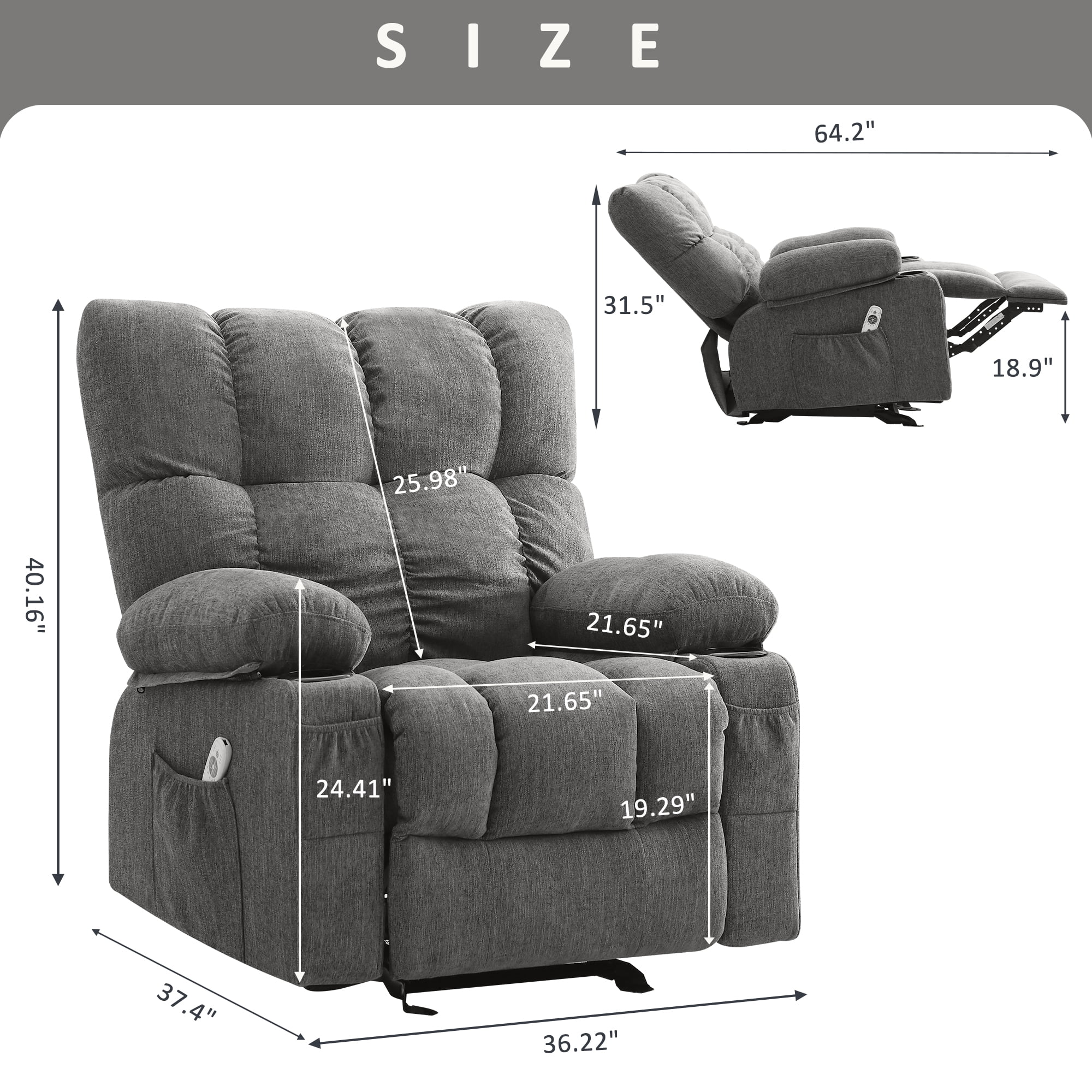 Manual Recliner Chair with Heat Therapy and Massage Function, Heavy Duty Reclining Mechanism Massage Chair, Elderly Single Rocker Sofa with Cup Holders for Bedroom Home Theater,Grey(Regular-Grey) - Image 2