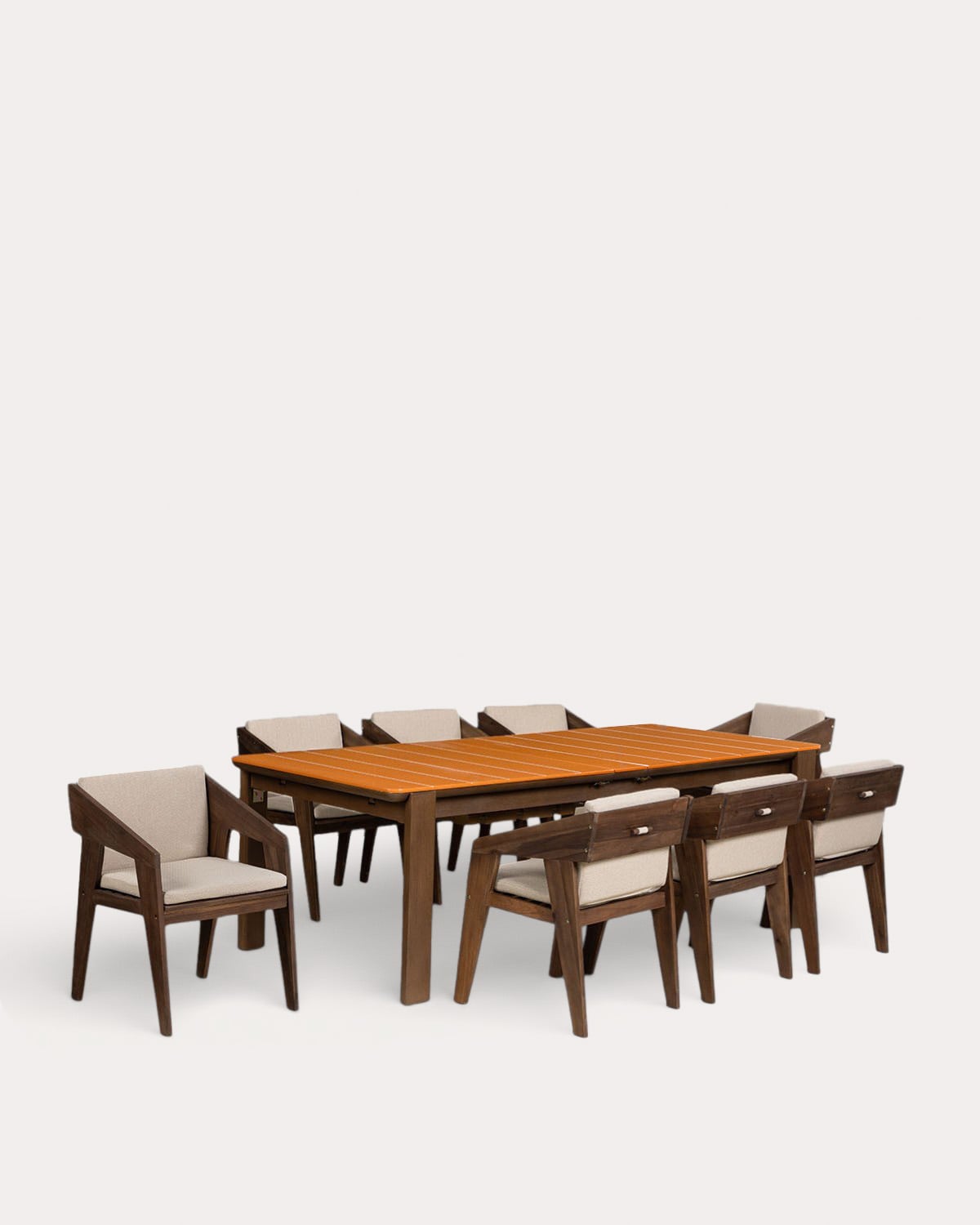 Set Ubel - Tanon - Set de Mesa Extensible Rectangular (225-330x100 cm) Ubel y 8 Sillas con Reposabrazos de Madera de Acacia Tanon de Exterior