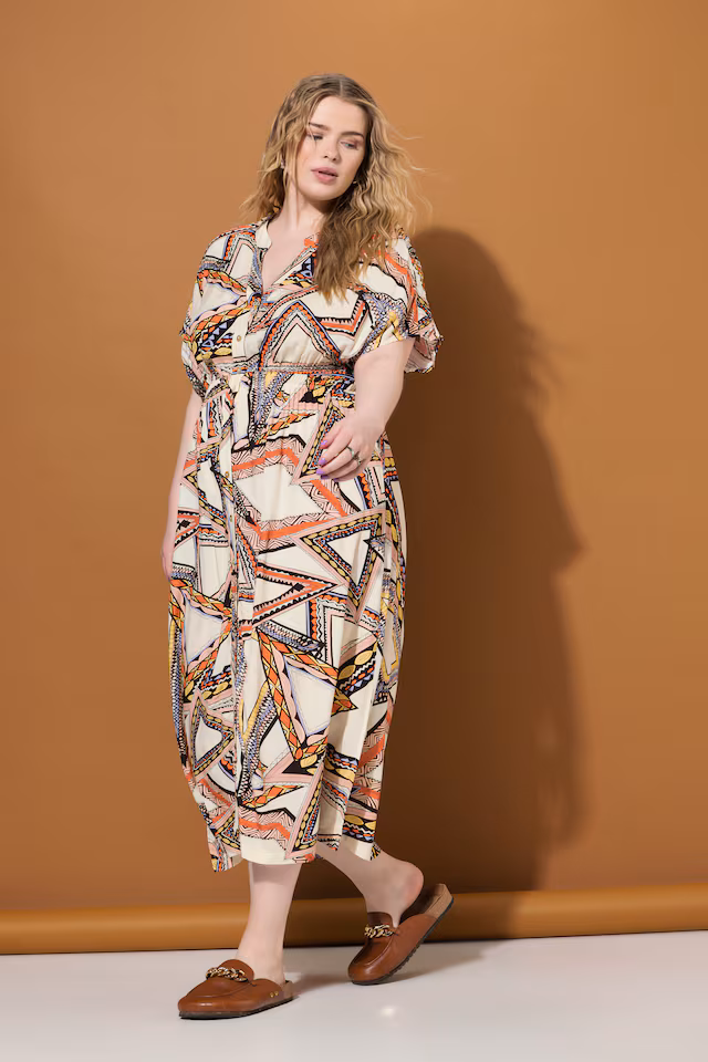 Abstract Print Cap Sleeve Button Down Dress