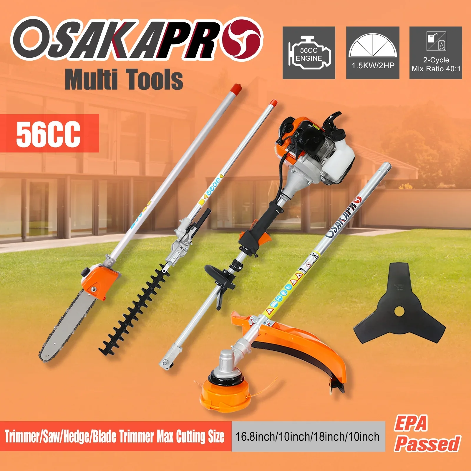 POWANLI 4-in-1 Multi-Functional Trimming Tool,56CC 2-Cycle Gas Garden Tool System with Pole Saw, Hedge Trimmer, Grass Trimmer, Brush Cutter - EPA Compliant