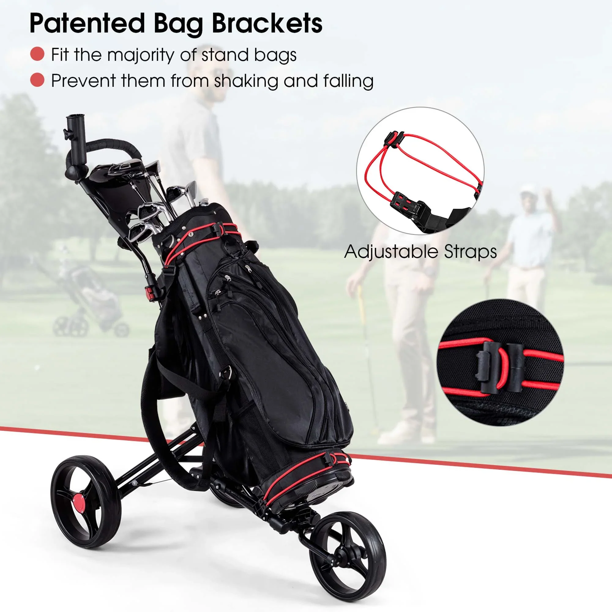 Costway Foldable 3 Wheel Steel Golf Pull Push Cart Trolley Club w/ Umbrella Holder