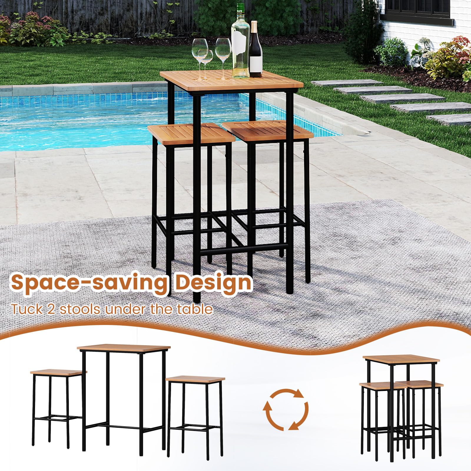 Tangkula 3 Pieces Acacia Wood Patio Bar Set