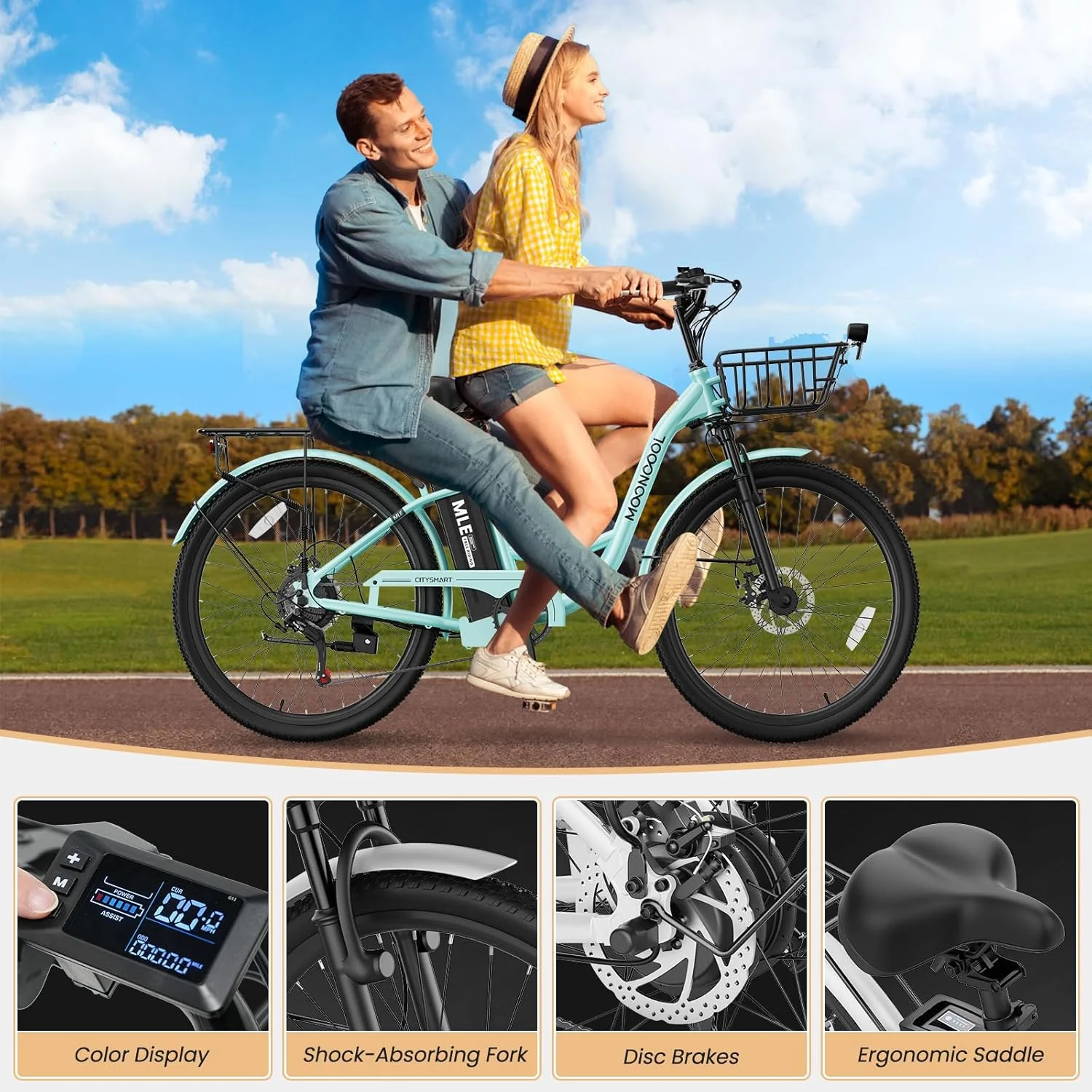 Electric Bicycle for Adults 350W, 7-Speed Ebike with 36V 10.4Ah Removable Battery�� 40 Miles Range, 20 mph Electric Commuter Bike for Women Men, Certified to UL 2849 by SGS(Cyan/24") - Image 8