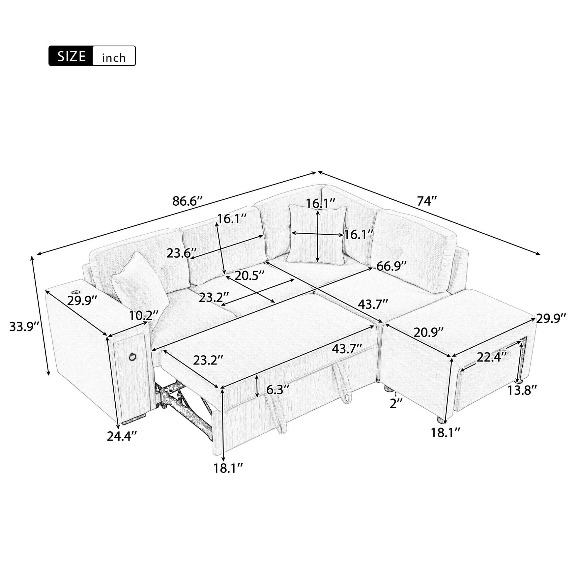87" Modular Sectional Sleeper Sofa with Pull Out Bed, Convertible L-Shaped Couch with Ottoman, USB Ports and Two Cup Holders for Living Room, Apartment, Bedroom, Gray(Grey) - Image 3