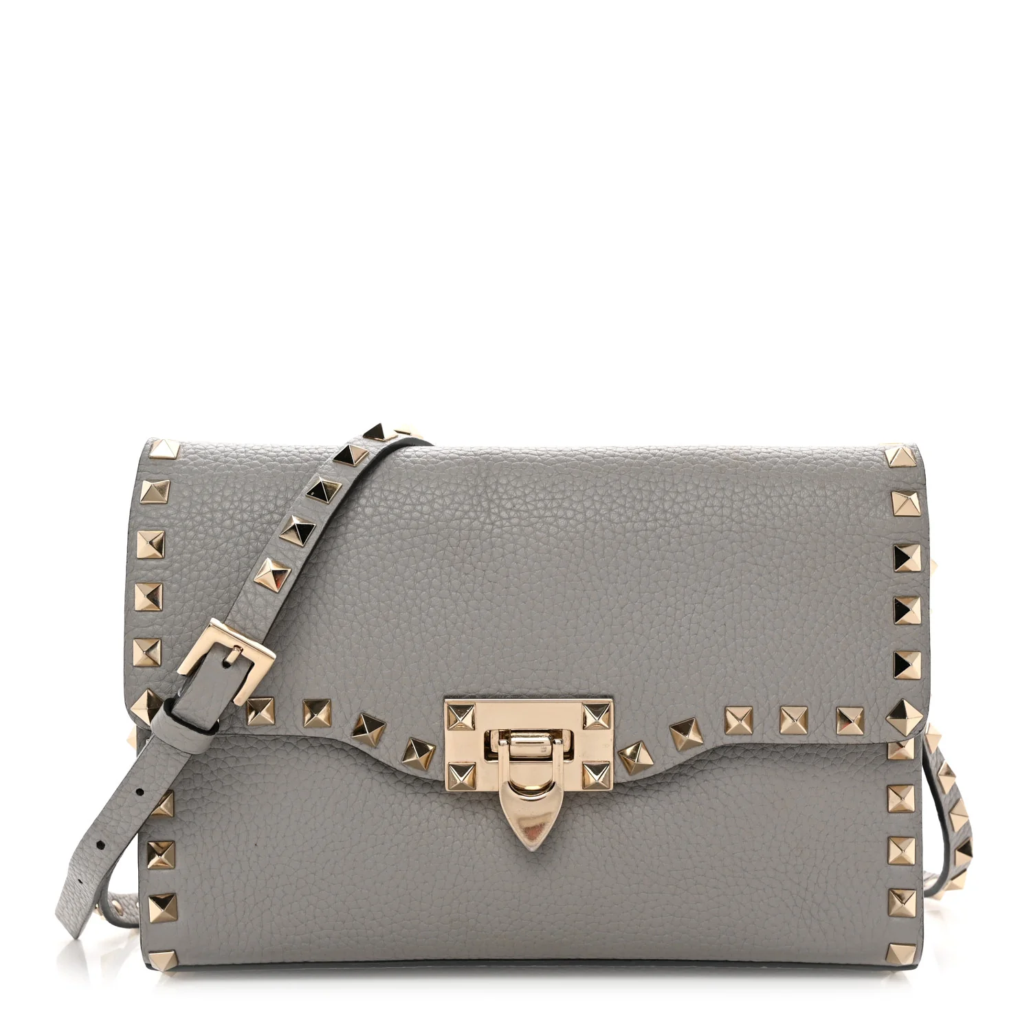 Pebbled Calfskin Medium Rockstud Flip Lock Crossbody Bag Pastel Grey