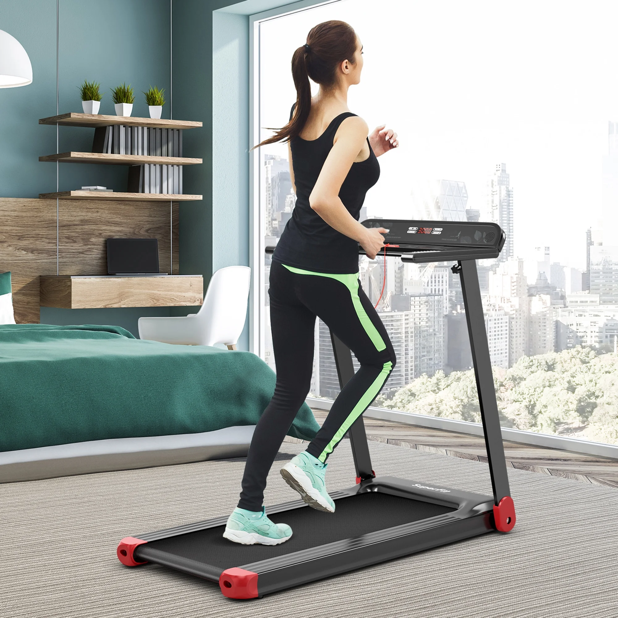 Electric Folding Treadmill Portable Cardio Running Machine w/ APP Control Red(Red) - Image 6