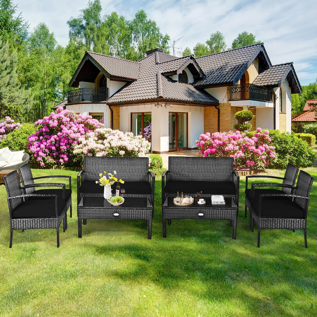 Costway 4PCS Patio Rattan Wicker Furniture Set Loveseat Sofa Cushioned Garden Yard Brown