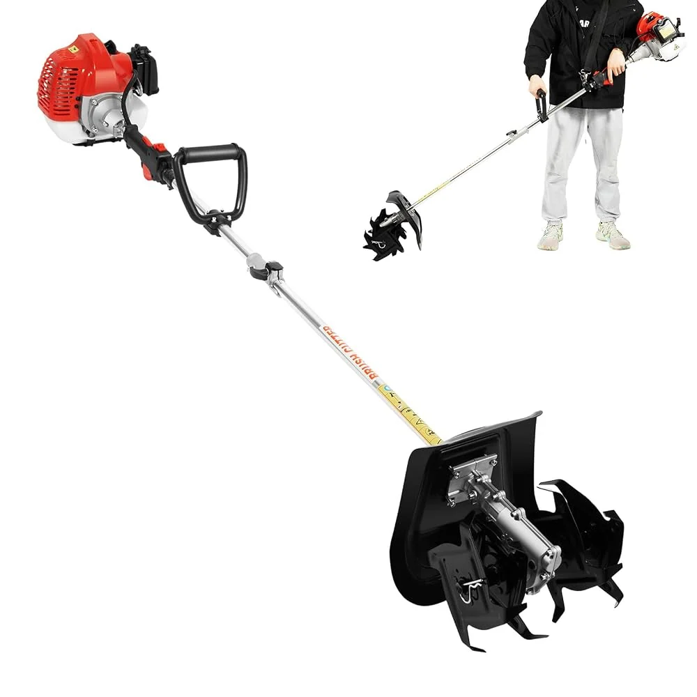 51.7CC 2-Stroke Tiller Cultivator, 6500RPM Garden Mini Tiller Rototiller Gas Powered Rotary Cultivator Handheld Single-Cylinder Rototiller Garden Tool with 1.1L Fuel Tank for Farm Loose Soil Weeding