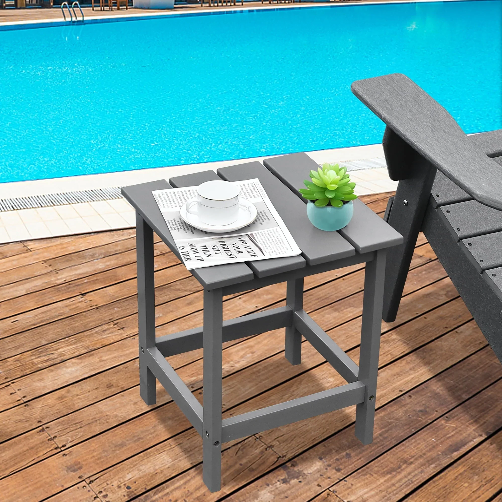 Costway Patio 15 End Side Coffee Table Square Wooden Slat Garden Deck Gray