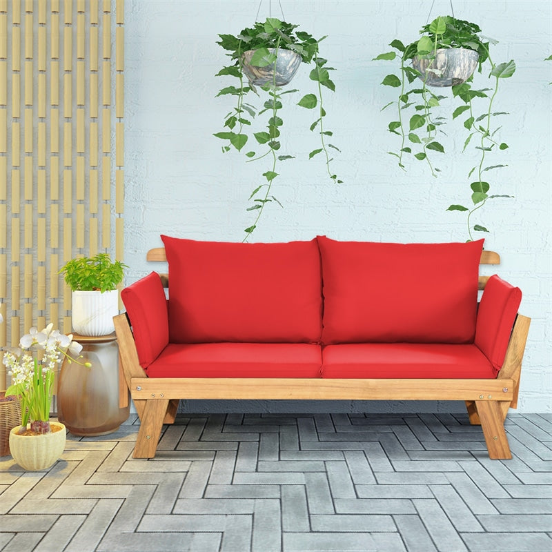 Lit de jour d'extérieur convertible en bois d'acacia avec accoudoirs et coussin réglables
