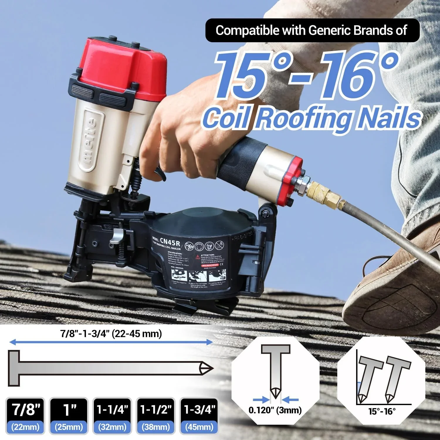 MEITE CN45R Pneumatic Coil Roofing Nailer CN45R 15 Degree 7/8 to 1-3/4 Length Coil Roofing Nail Gun Pistolas