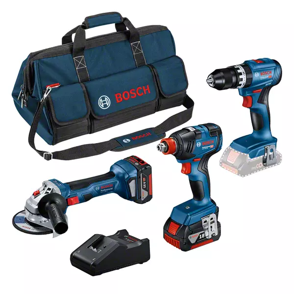 BOSCH COMBI-KIT 3 SORTIES 18V : GSB 18V-45 + GDX 18V-200 + GWS 18V-7 + 2 BATTERIES 5,0 AH + GAL 18V-40 + SAC M (C) PROFESSIONAL