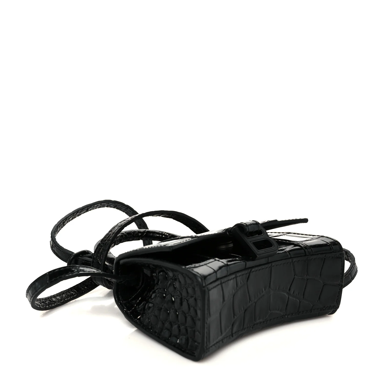 Shiny Calfskin Monochrome Crocodile Embossed Hourglass Top Handle Bag Mini Black