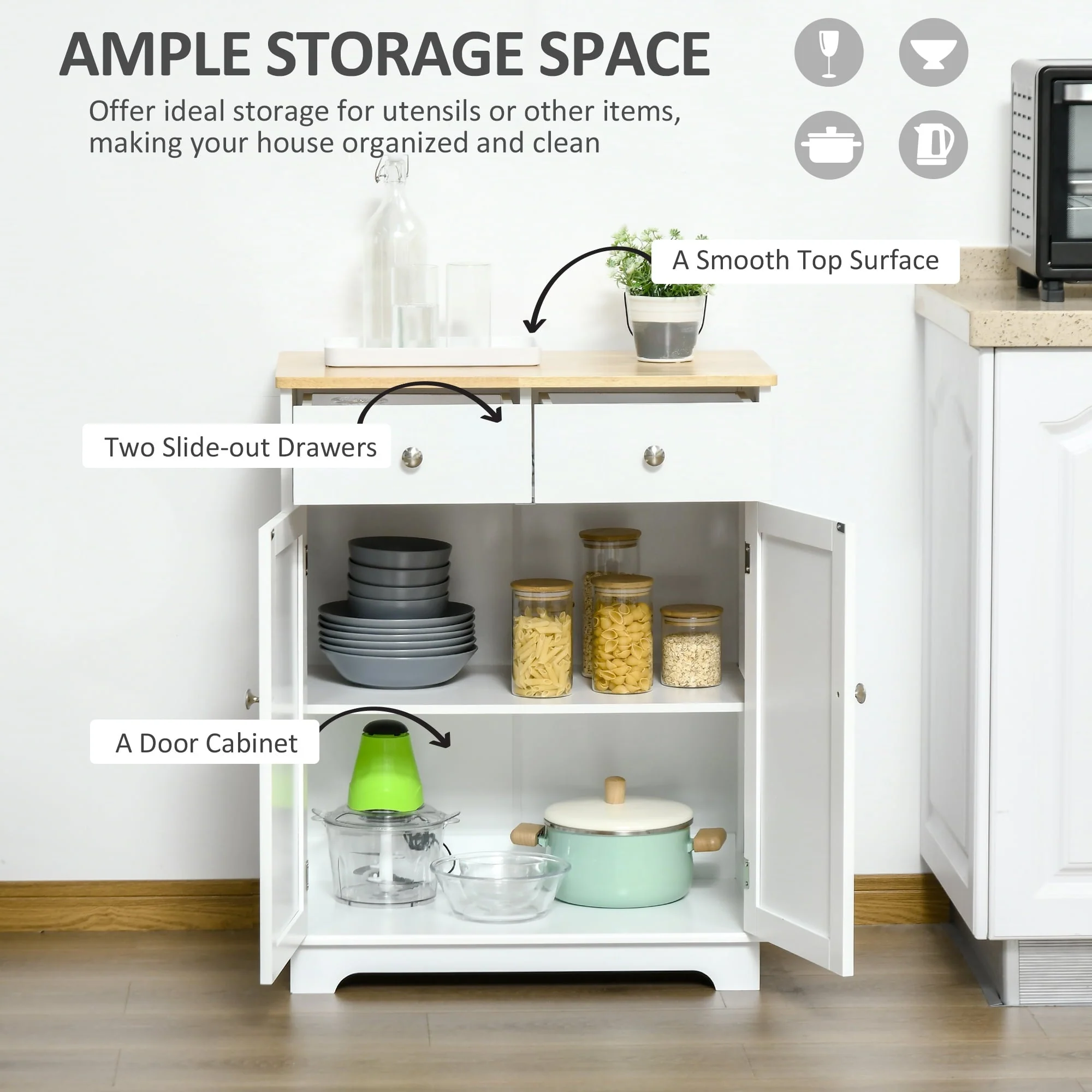 HOMCOM Space Saving Kitchen Sideboard with Functional Storage Cabinet with Adjustable Shelf for Kitchen/Living Room, White(Black)