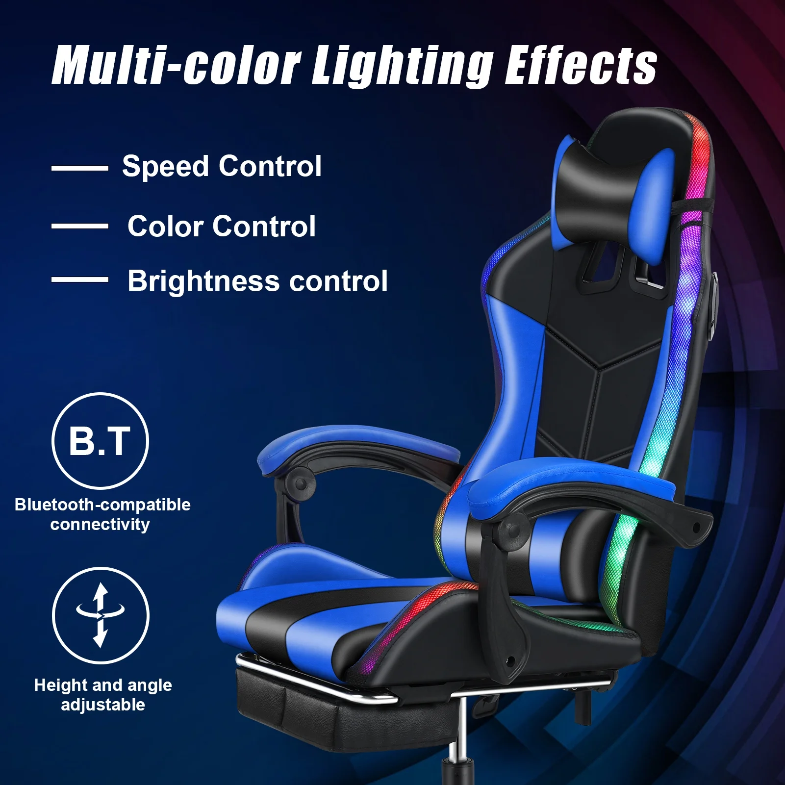 Gaming Chair with Bluetooth Speakers and RGB LED Lights Ergonomic Massage Video Game Chair with Footrest High Back with Lumbar Support(Black Blue) - Image 2