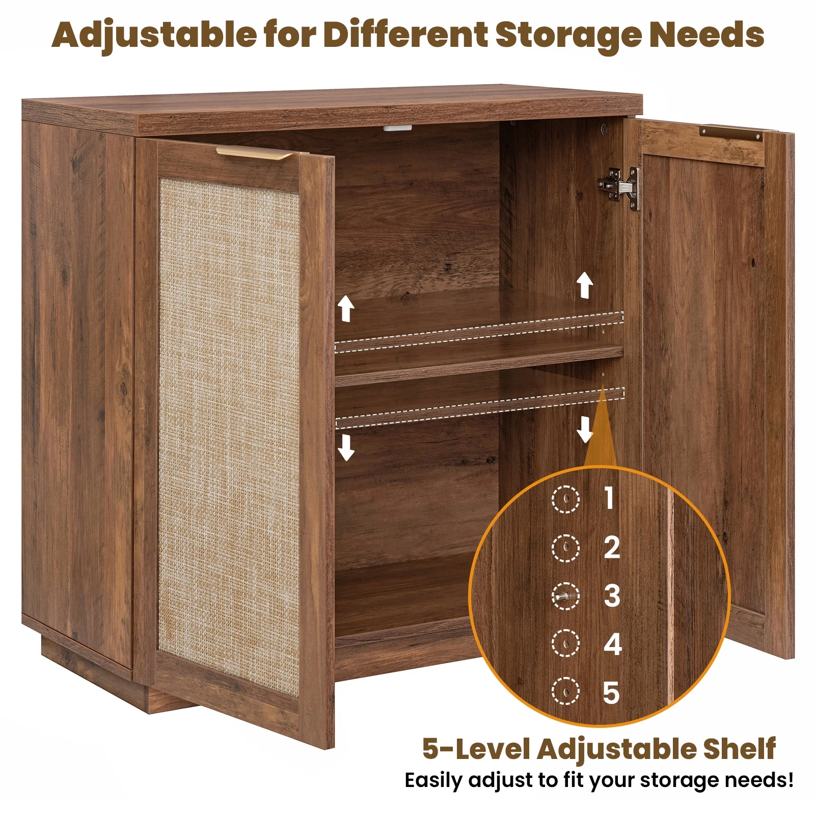 Sideboard Buffet Cabinet Rattan Kitchen Storage Organizer with 5-Position Adjustable Shelf 2 Doors Boho Farmhouse Accent Cabinets TV Console for Living Dining Room Coffee Bar(31.5" x 15.55" x 31.5"/Single) - Image 8