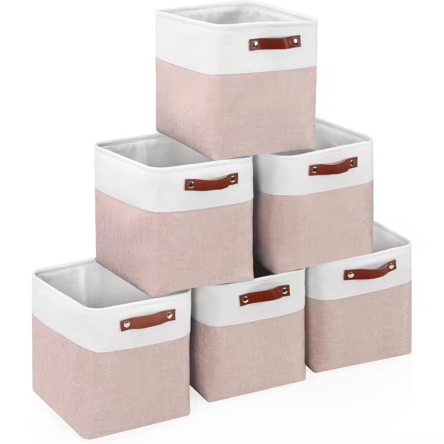 Cube Storage Baskets 6 Pack, 11x11 Inch Foldable Cube Storage Bins With Leather Handles For Shelf Closet Nursery Toys (White/ Pink)