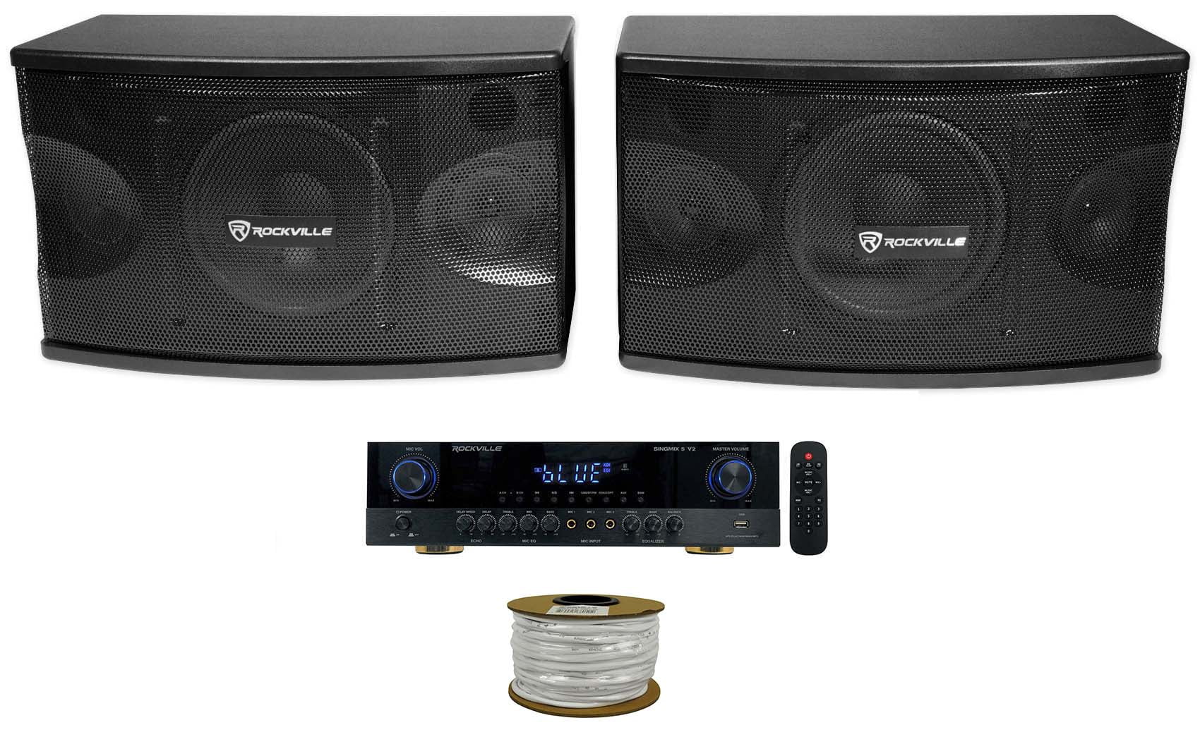 2) KPS80 8" Karaoke Vocal Speakers+Singmix 5 Bluetooth Amplifier Mixer + R14GSBR100 Red/Blk 14 Gauge 100' Ft  Mini Spool Car Audio Speaker Wire