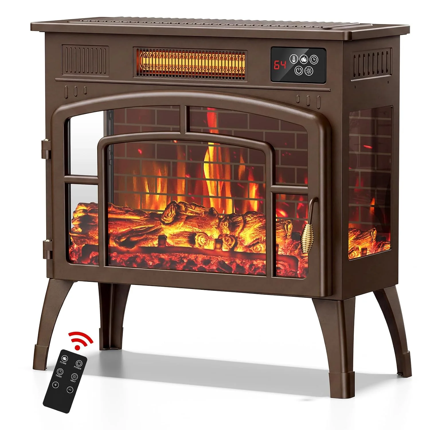 BREEZEHEAT 23" Electric Fireplace Stove with 3D Flame Effect and 5 Flame Color, 750/1500W Fireplace Space Heater with Remote and Timer, Energy Saving Electric Fireplace Heaters for Indoor Use, Brown