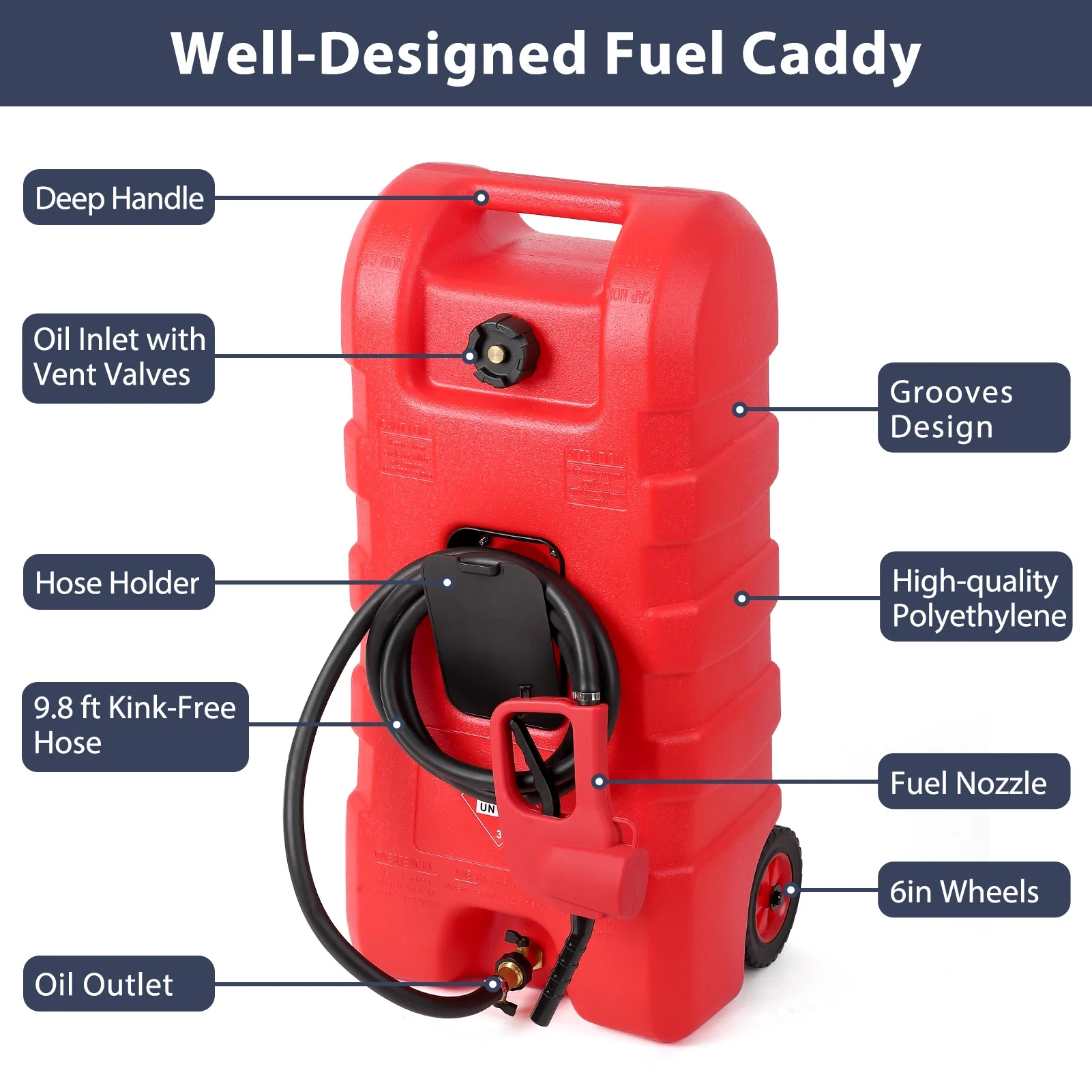 15 Gallon Fuel Caddy, Portable Gas Fuel Tank Container with LE Fluid Transfer Siphon Pump and 10ft. Delivery Hose, Diesel Storage Can On-Wheels for Cars, Lawn Mowers, ATVs, Boats, Gray(Gray) - Image 10