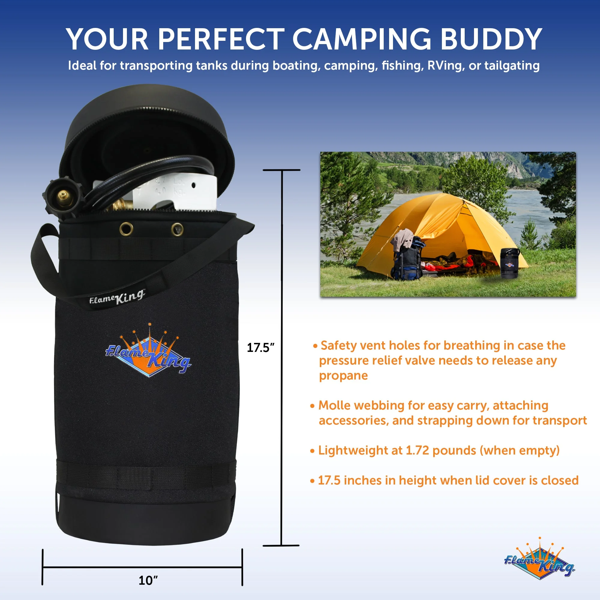 Flame King Gas Hauler Kit - Insulated Protective Carry Case, 10 lb Propane Tank and Adapter Hose for Camping and Outdoor Adventures, 10