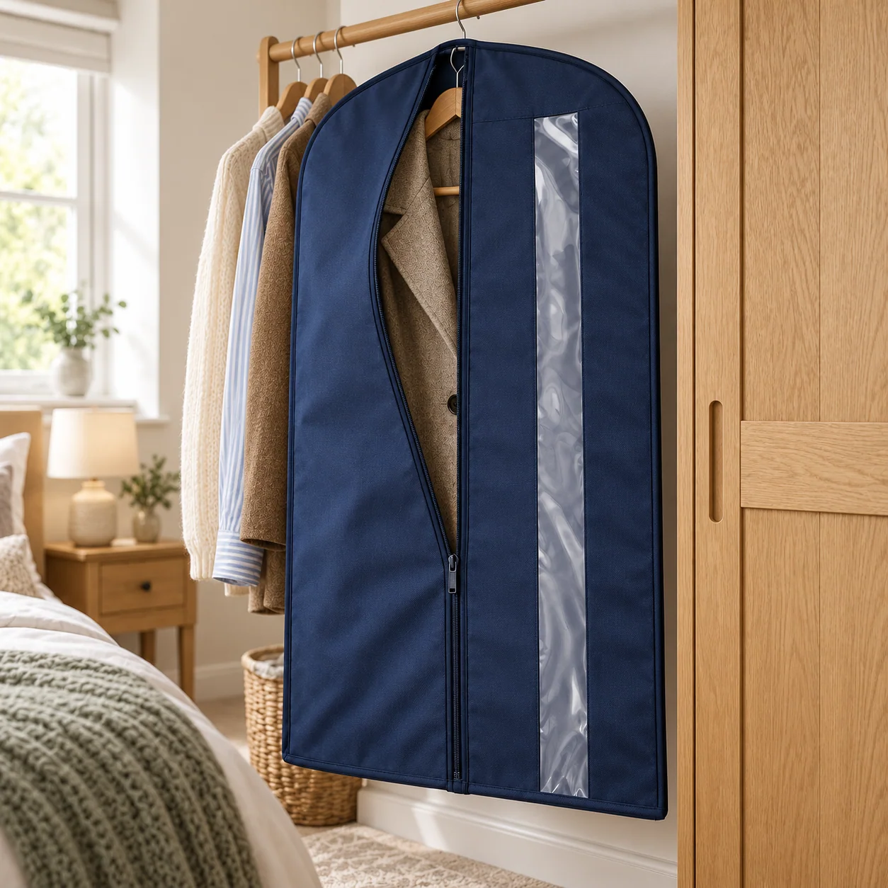 Navy Windowed Garment Cover, Mid Length