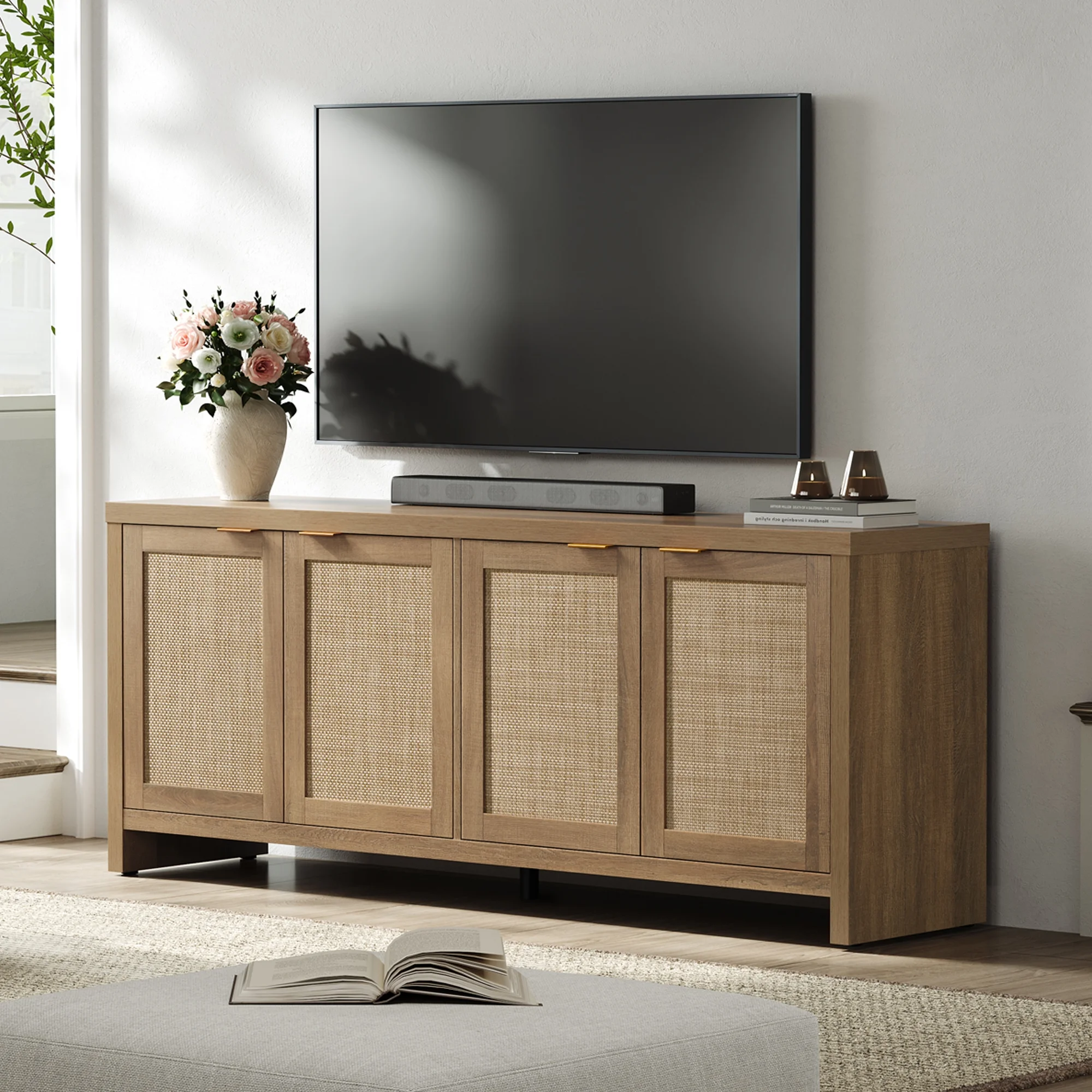 61 5"W Rattan TV Stand with 4 Doors, Boho Entertainment Center with Adjustable Shelves Spacious Countertop �C Large Boho Farmhouse Media Console for Living Room, Reclaimed Caramel Oak(Natural Oak/Single) Image 2