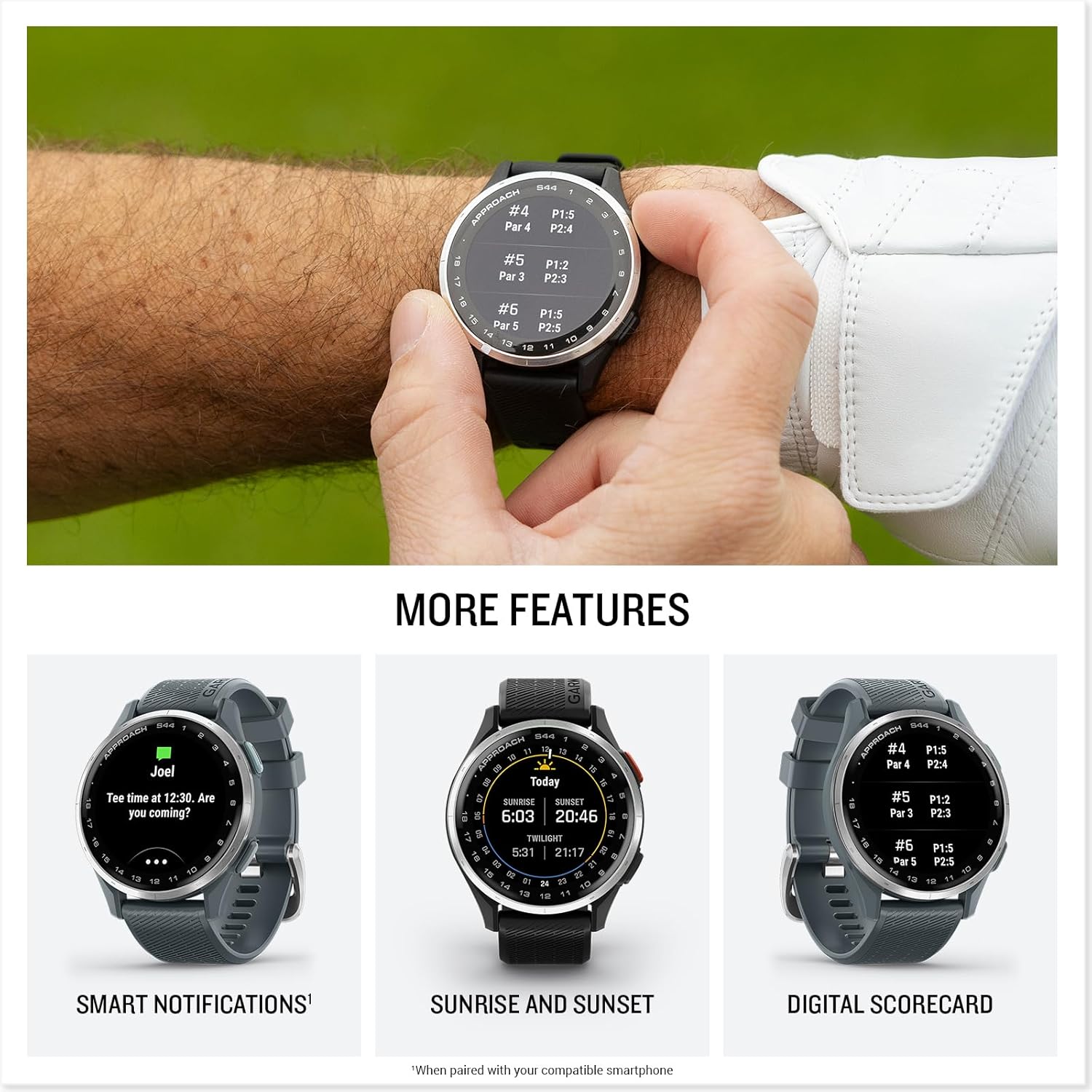 Garmin Approach® S44  Essential Golf GPS Smartwatch  AMOLED Display  On-Course Features  Silver Aluminum Bezel with Black Silicone Band