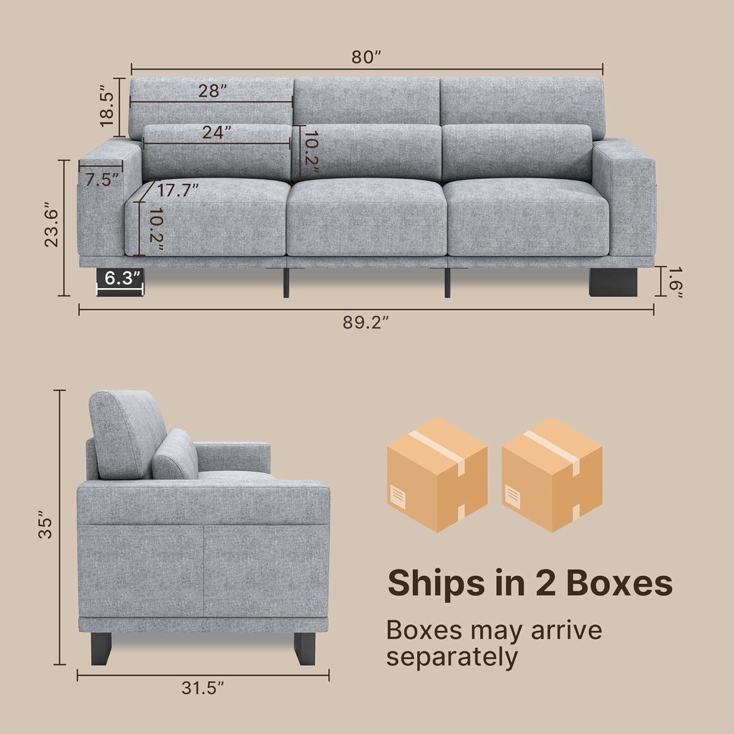 Gizoon 3-Seater Chenille Couch, 89 Inch Modern Comfy Sofa with Wide Armrests & Deep Cushions, for Living Room, Bedroom and Apartment, Grey