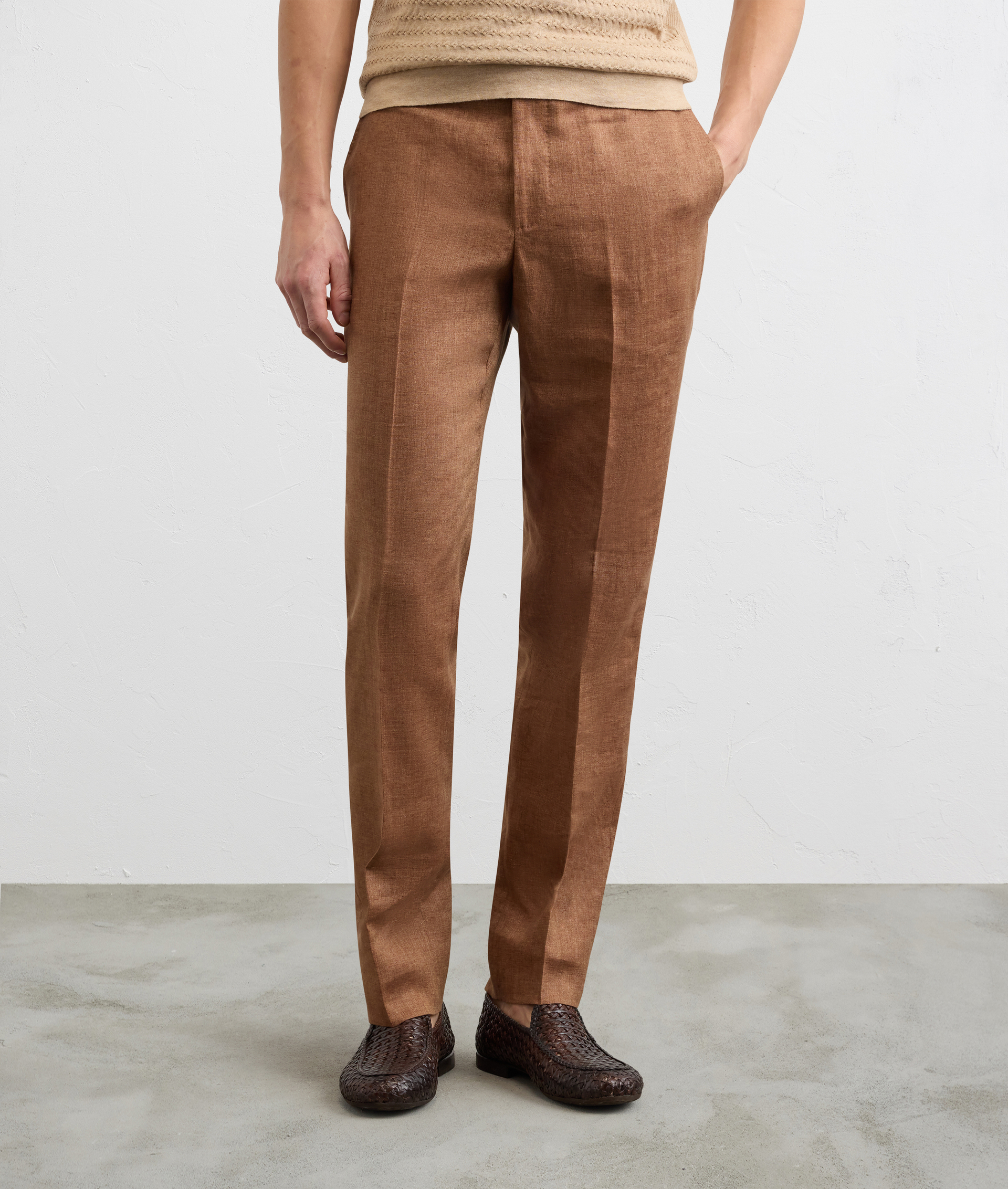 LIGHT BROWN FLAX PLEATED TROUSERS