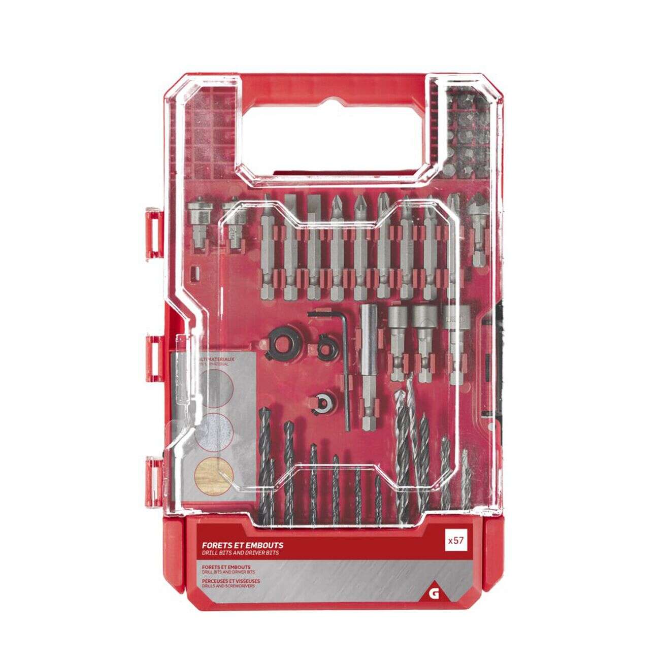 Forets et embouts en métal dans boîte plastique 57 pièces
