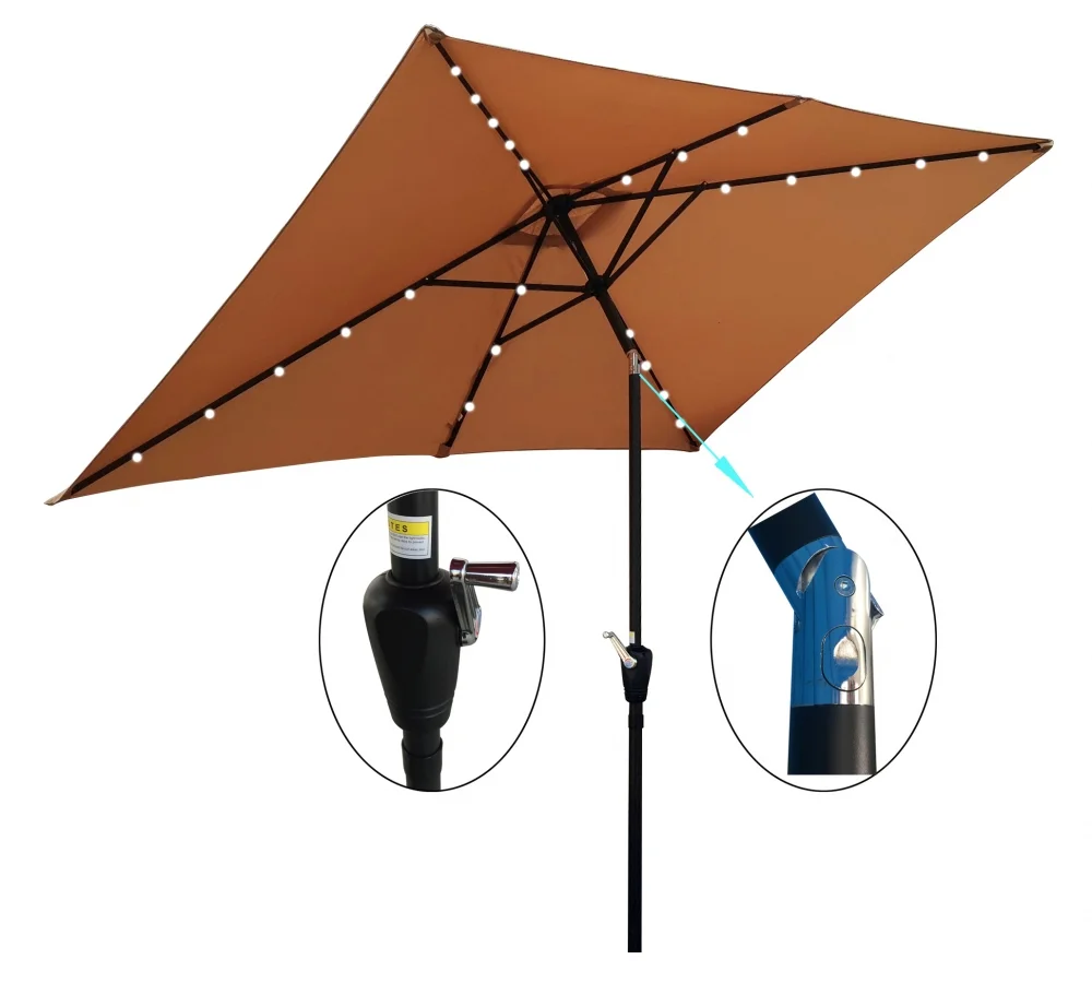 10 x 6.5t Patio Umbrella,Rectangular Picnic Table Umbrella,6-8 Chairs Tilt Umbrella with 26 LED Lights,Waterproof Umbrella Sunshade with Crank and Push Button Tilt for Garden Backyard Pool,Mushroom