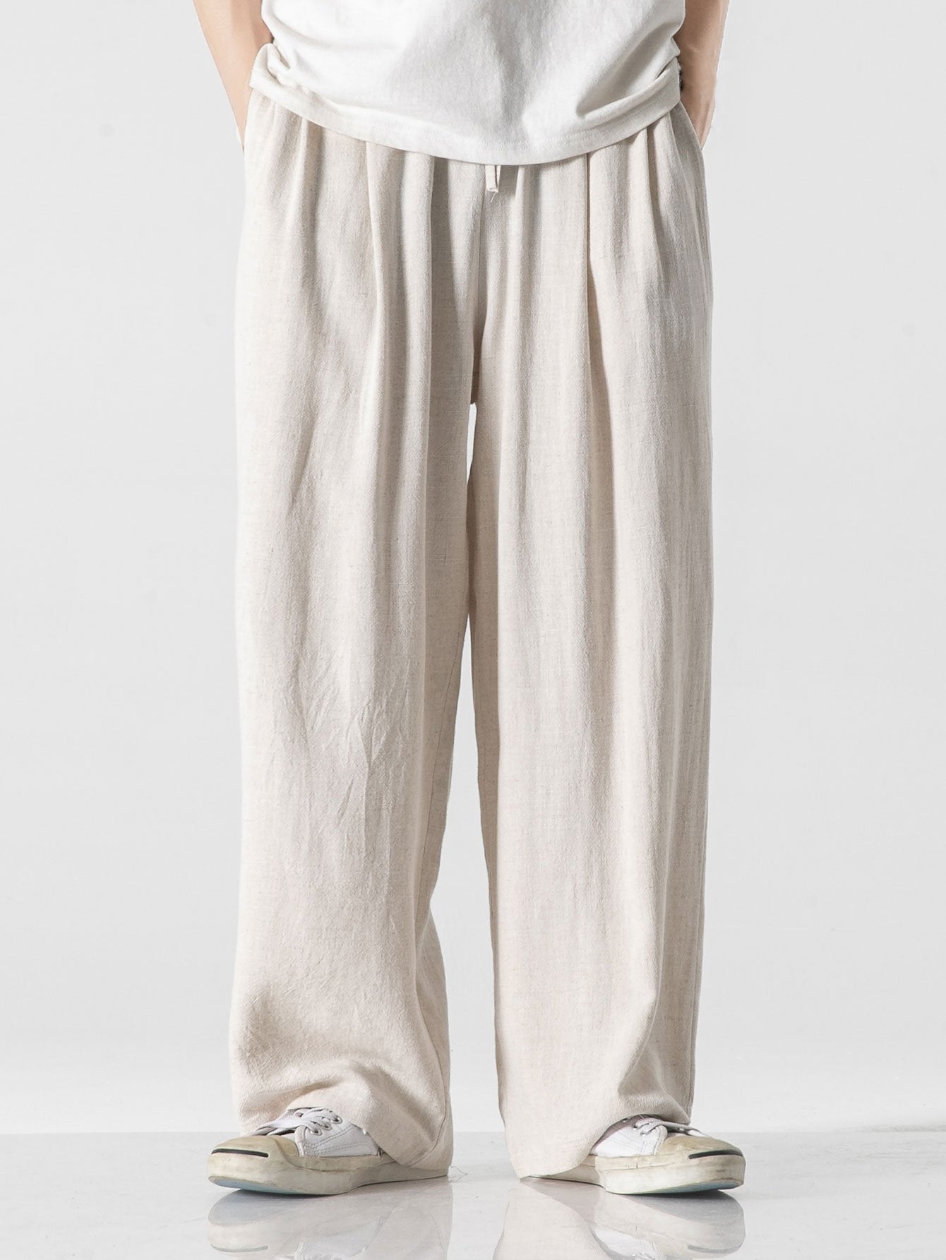 Pantalon large coupe décontractée en mélange lin et coton