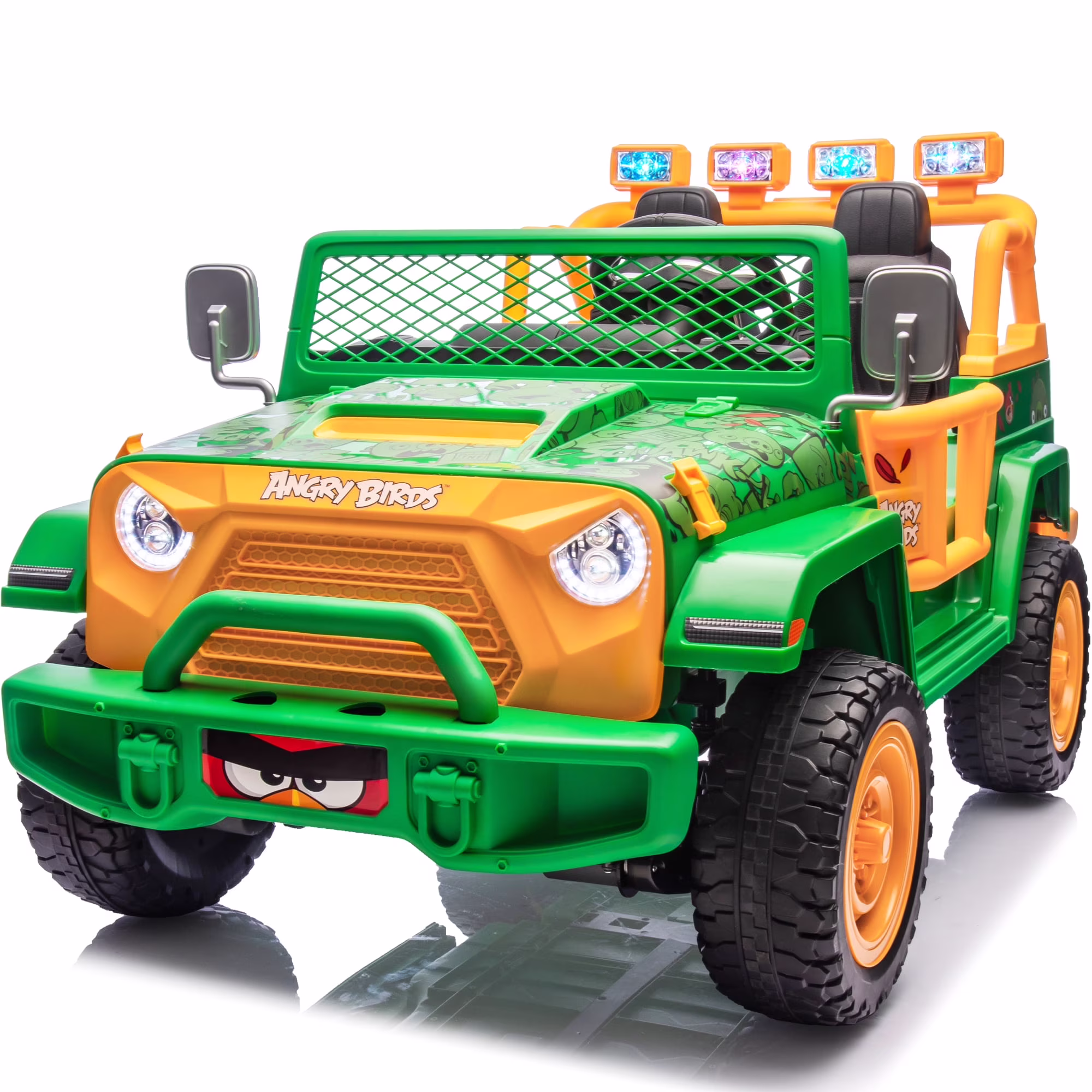 24 Volt Ride on Toys for Big Kids, Licensed Angry Birds Ride on Truck with Remote, 2 Seater 4WD Electric Ride ons with Shovel, Bluetooth, Lights, Power Car Wheels for 3-8, 130lbs, Green(Green)