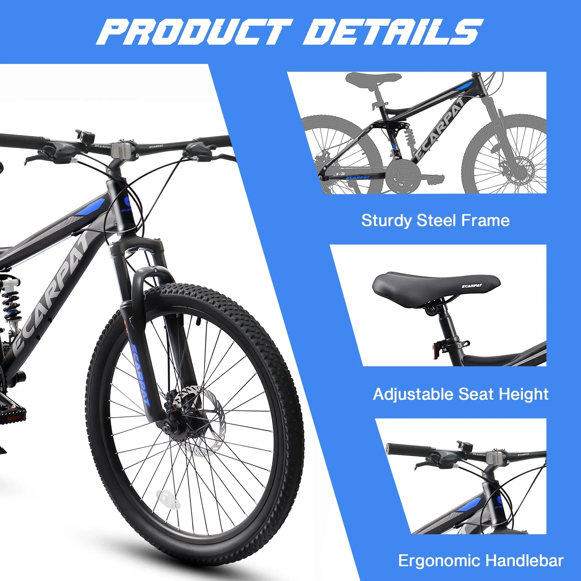 27.5 Inch Dual Full Suspension Mountain Bike, 21-Speed Mountain Bike with Dual Disc Brakes and Carbon Steel Frame, Trail Beach Snow Commuter City Bicycles for Adult Men Women, Black