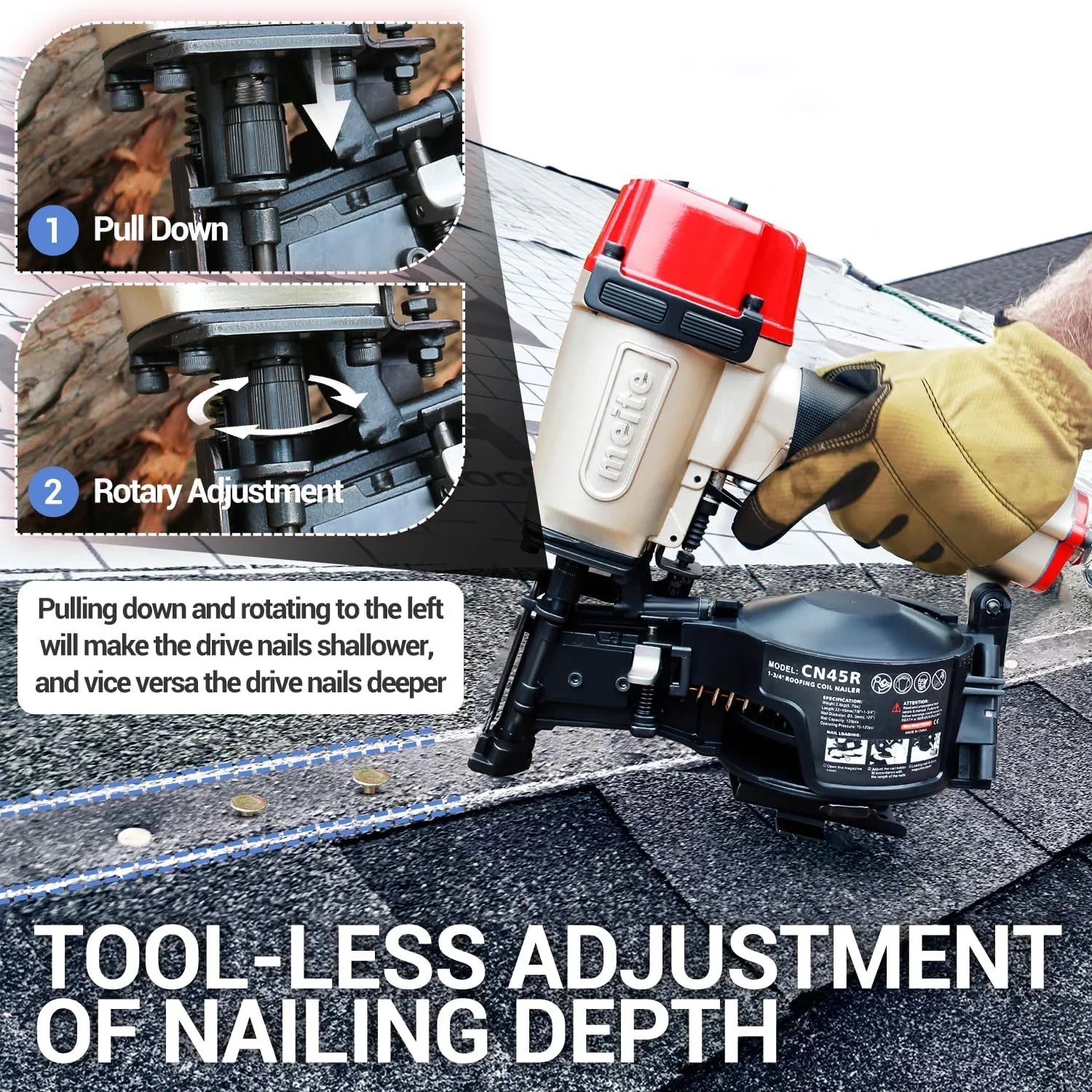 MEITE CN45R Pneumatic Coil Roofing Nailer CN45R 15 Degree 7/8 to 1-3/4 Length Coil Roofing Nail Gun Pistolas