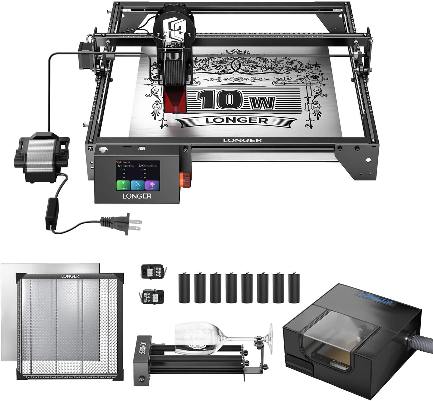 Découpeuse et graveuse laser Longer RAY5 10W pour gobelets, kit de rouleau rotatif, plateau de travail de 44 x 44 cm, enceinte ventilée et pompe à air, graveuse laser pour bois, métal et acrylique