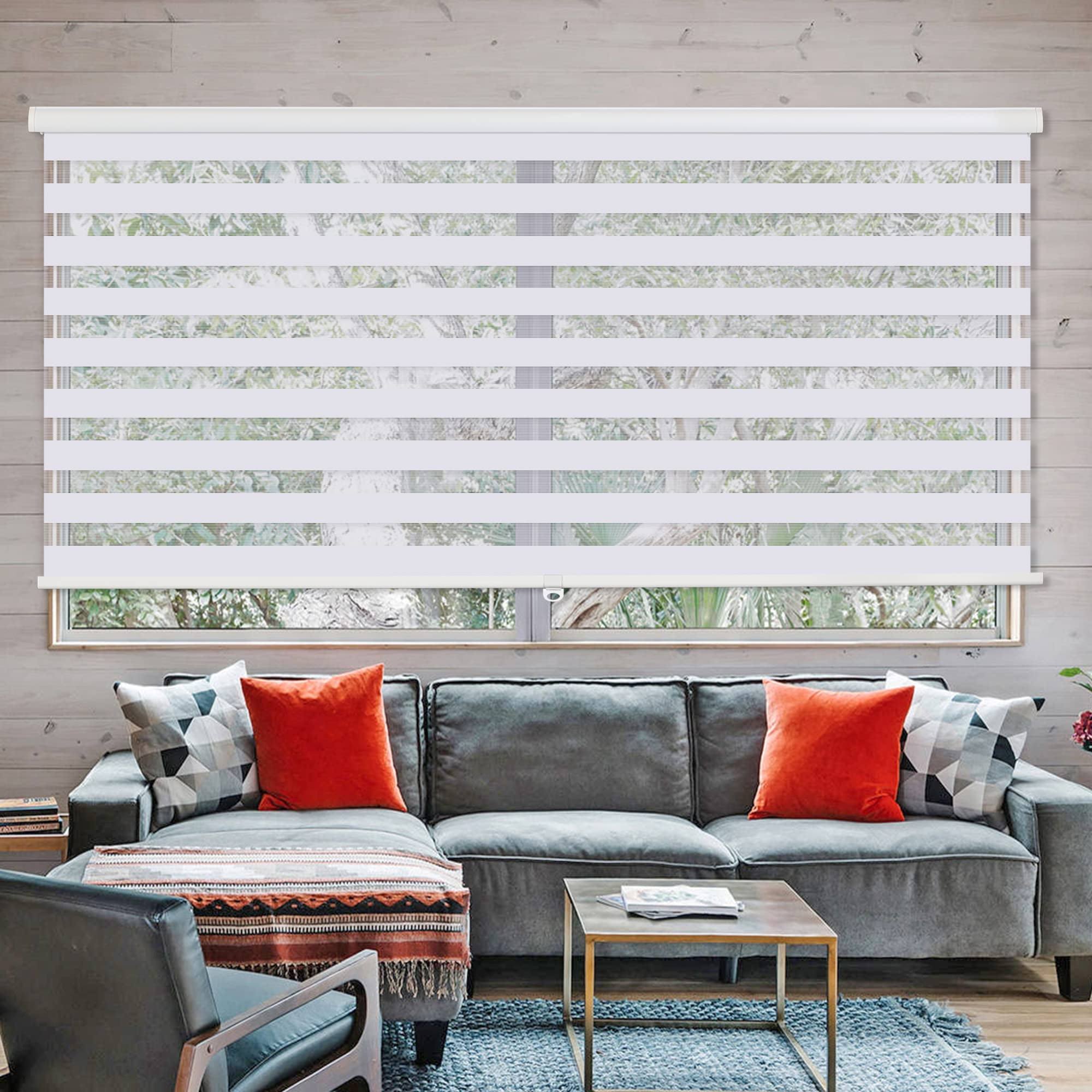 Royalcraft Cordless Zebra Blinds for Windows,20 inch W x 72 inch H White Dual Layer Zebra Roller Shades Blinds for Windows, Sheer or Privacy Light