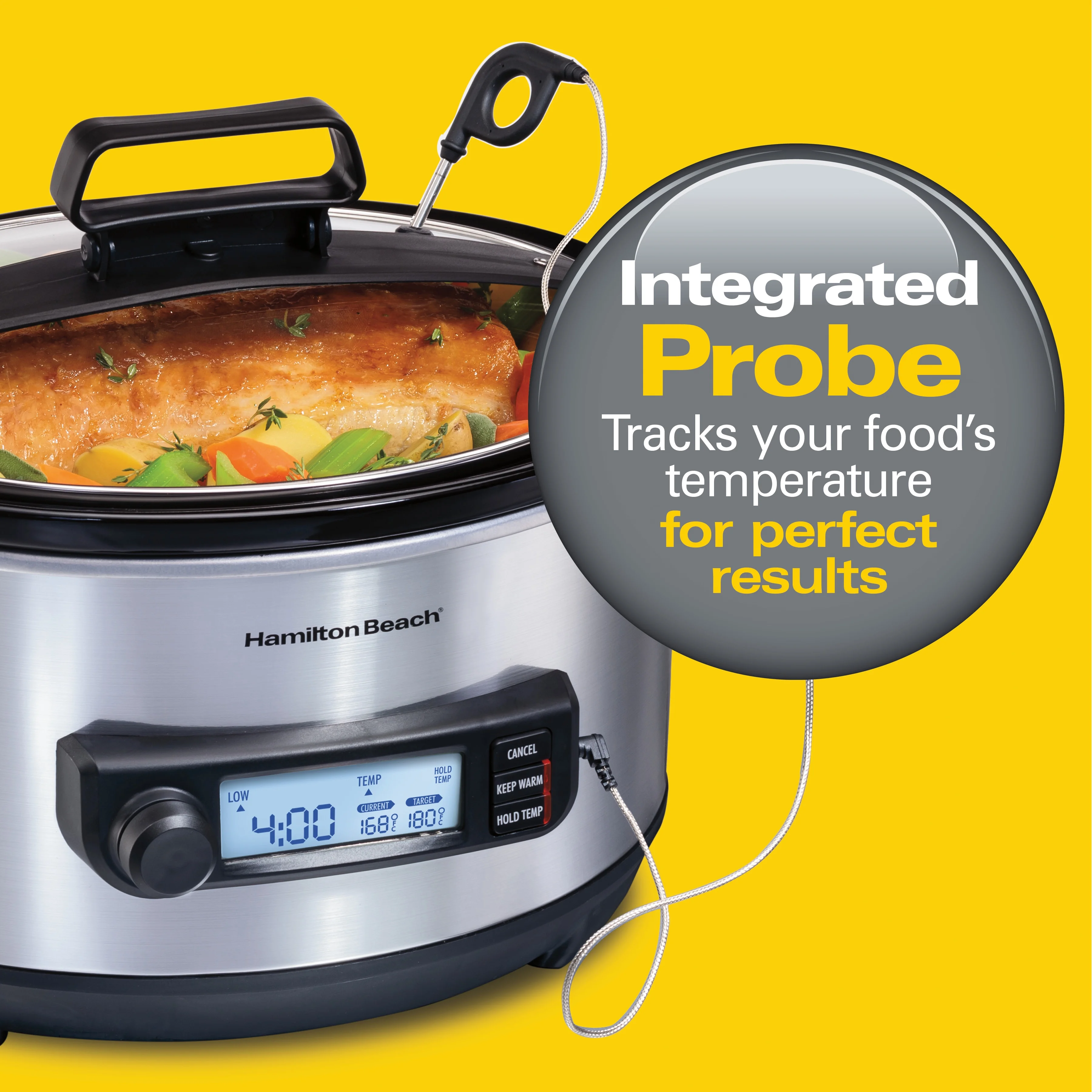 Hamilton Beach 6 Qt Programmable Slow Cooker with Temperature Probe, Stoneware Crock with Removable Pot, Stainless Steel